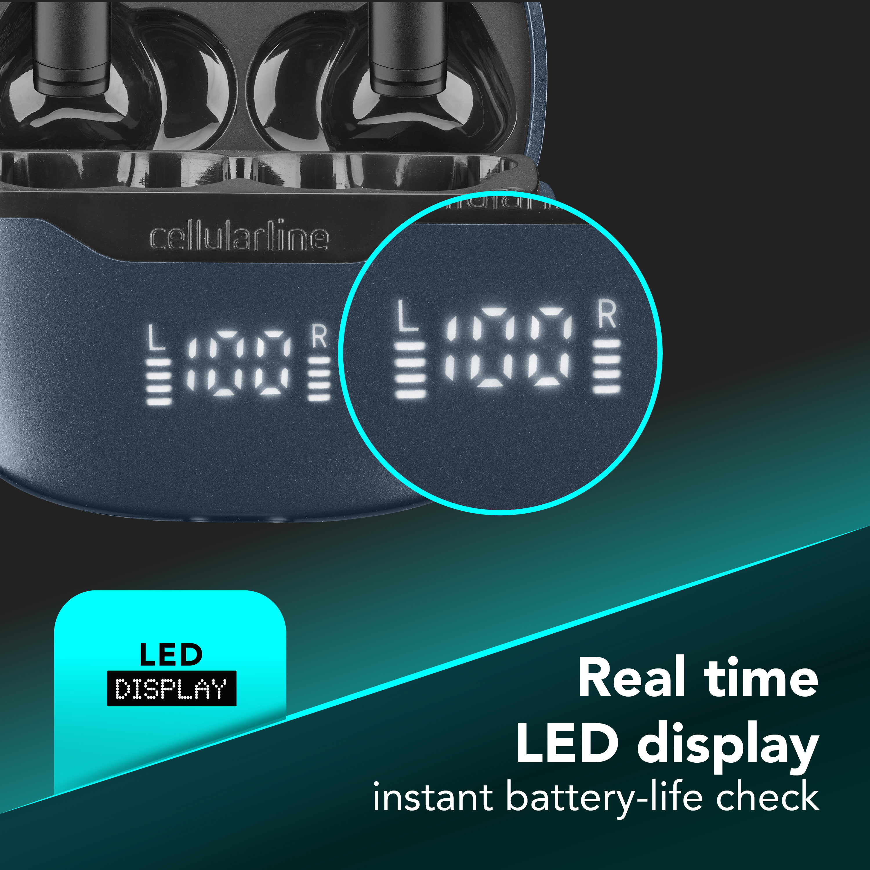 Ohrhörer-Ladecase mit LED-Anzeige, die 100 % Akku anzeigt. Text: LED-Anzeige, Echtzeit-Akkukontrolle.