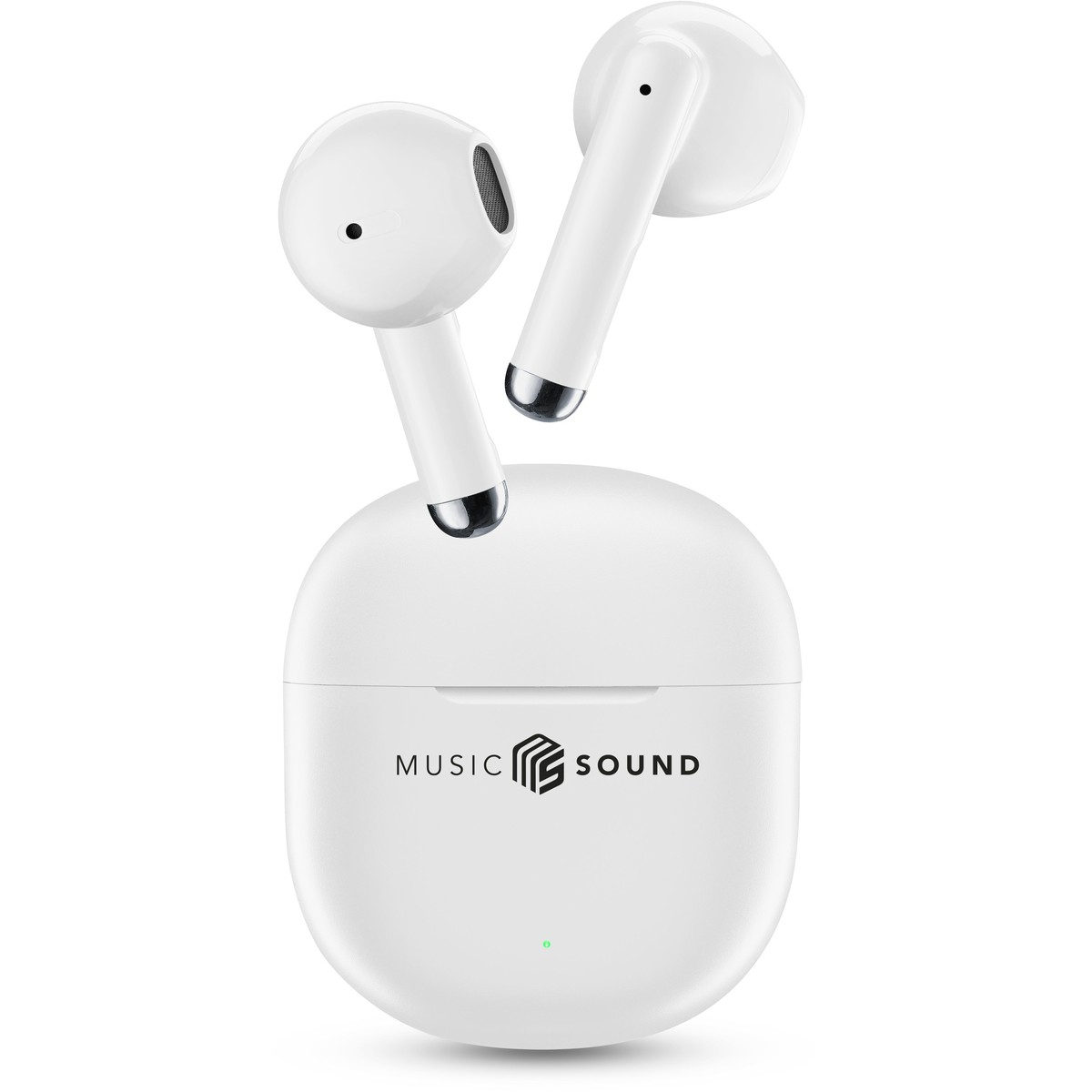 Weiße kabellose Ohrhörer mit Ladecase. 'MUSIC SOUND'-Logo auf dem Case. Zwei Ohrhörer sind aus dem Case.