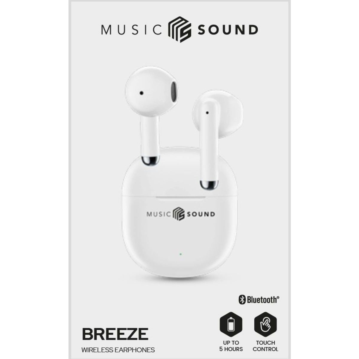 Weiße kabellose Ohrhörer mit Ladecase, Marke 'Breeze'. Logo 'Music Sound'. Merkmale Bluetooth, Touch-Steuerung und 5 Stunden Akku.