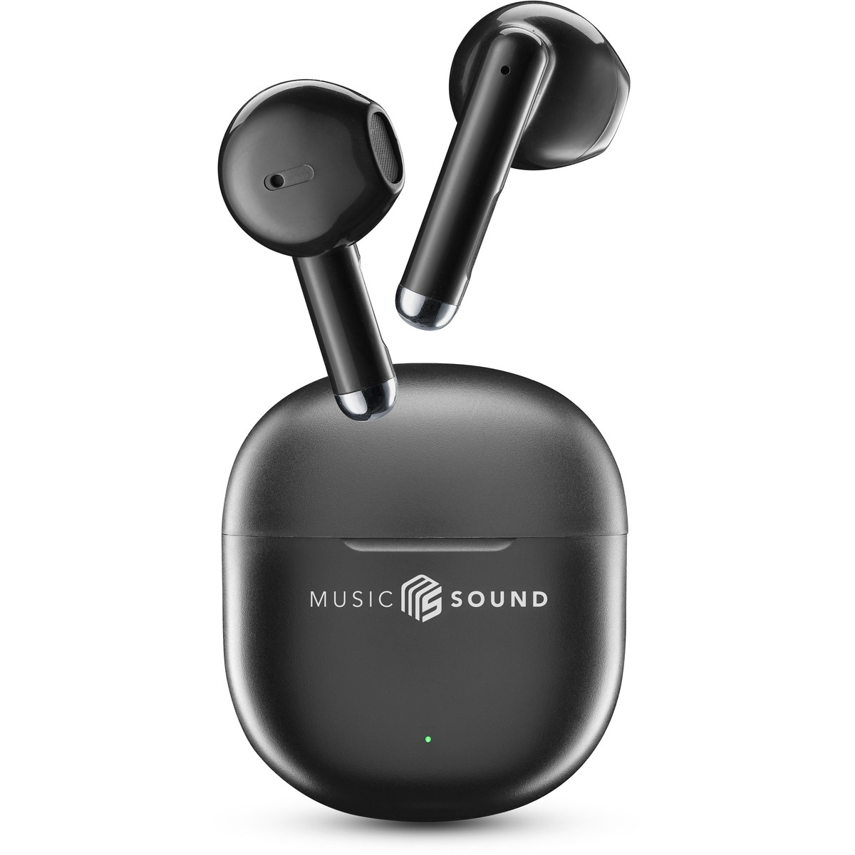 Auriculares inalámbricos negros con estuche de carga. El estuche tiene impreso 'MUSIC SOUND'. Los auriculares están en el aire.