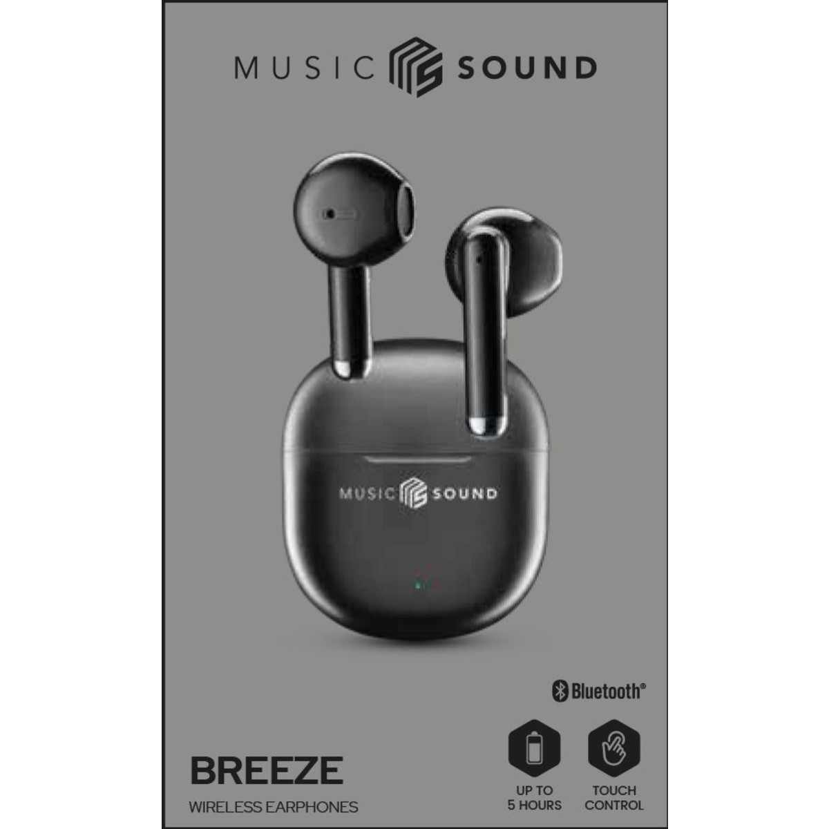 Auriculares inalámbricos negros con estuche. Texto: 'Music Sound', 'Breeze Wireless Earphones' y 'Bluetooth'.
