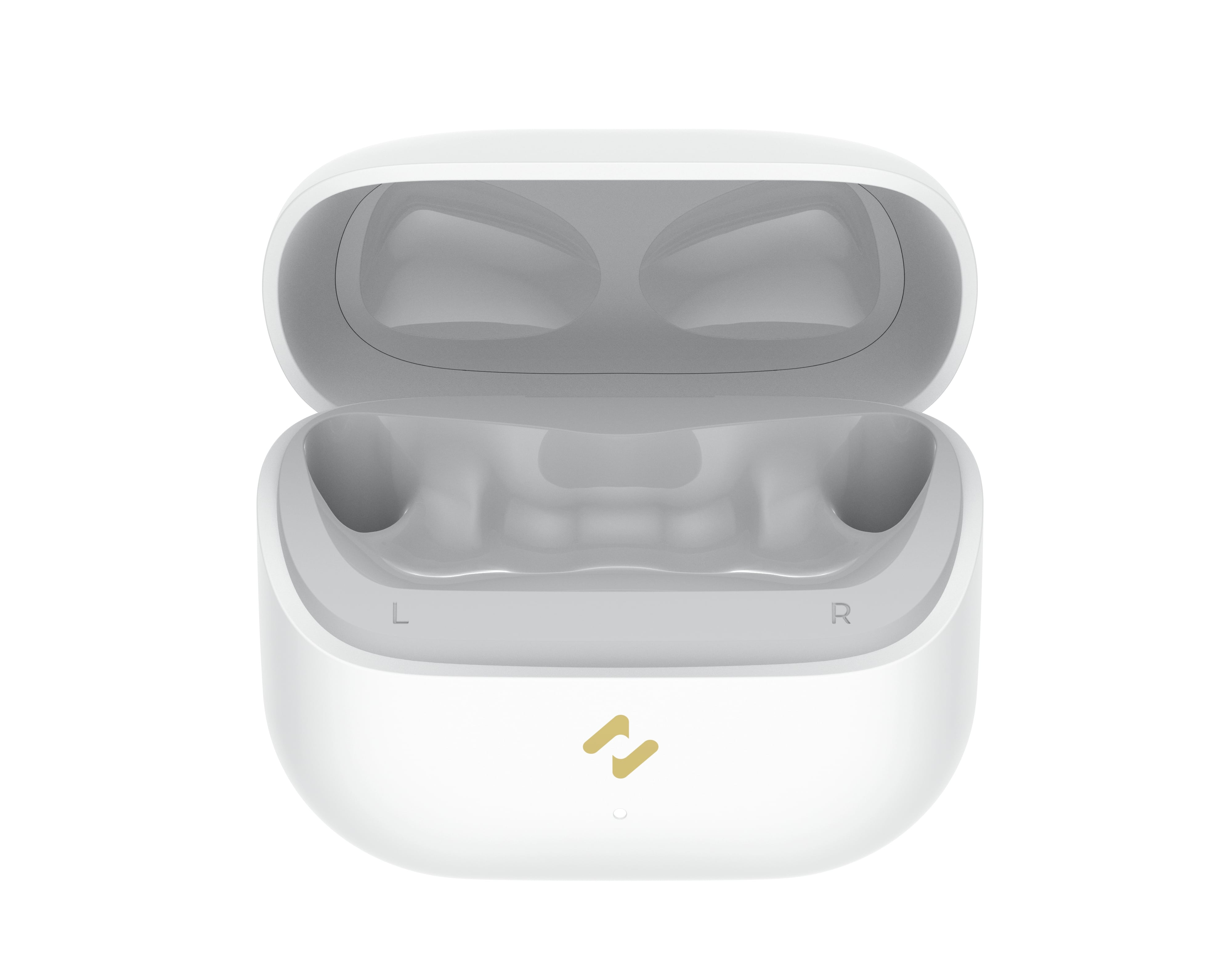 Otwarta biała obudowa ładująca z szarym wnętrzem. Obudowa ma wskaźniki L i R oraz złote logo.