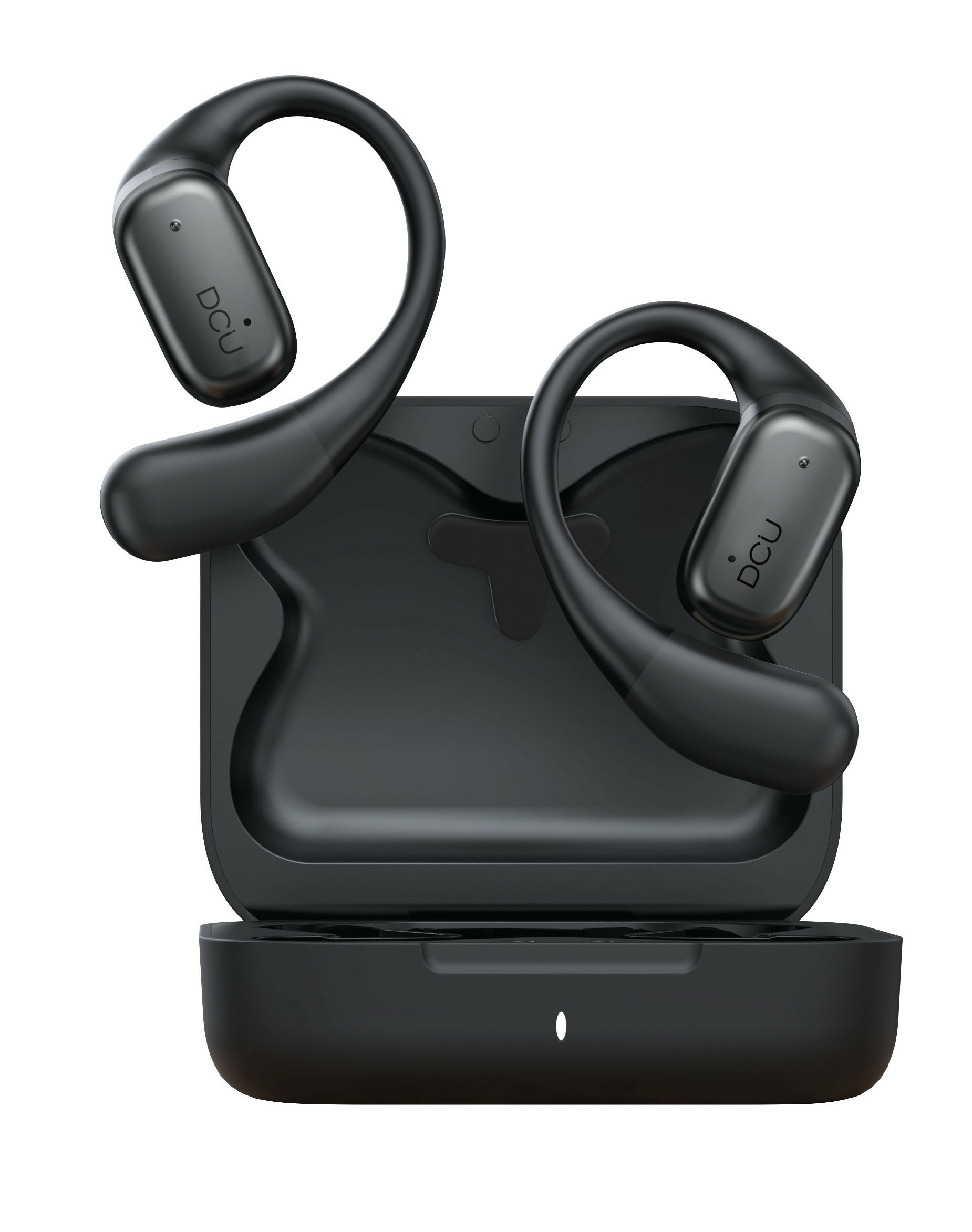 Czarne bezprzewodowe słuchawki z etui ładującym. Każda słuchawka ma haczyk i logo 'DCU'. Etui jest otwarte.