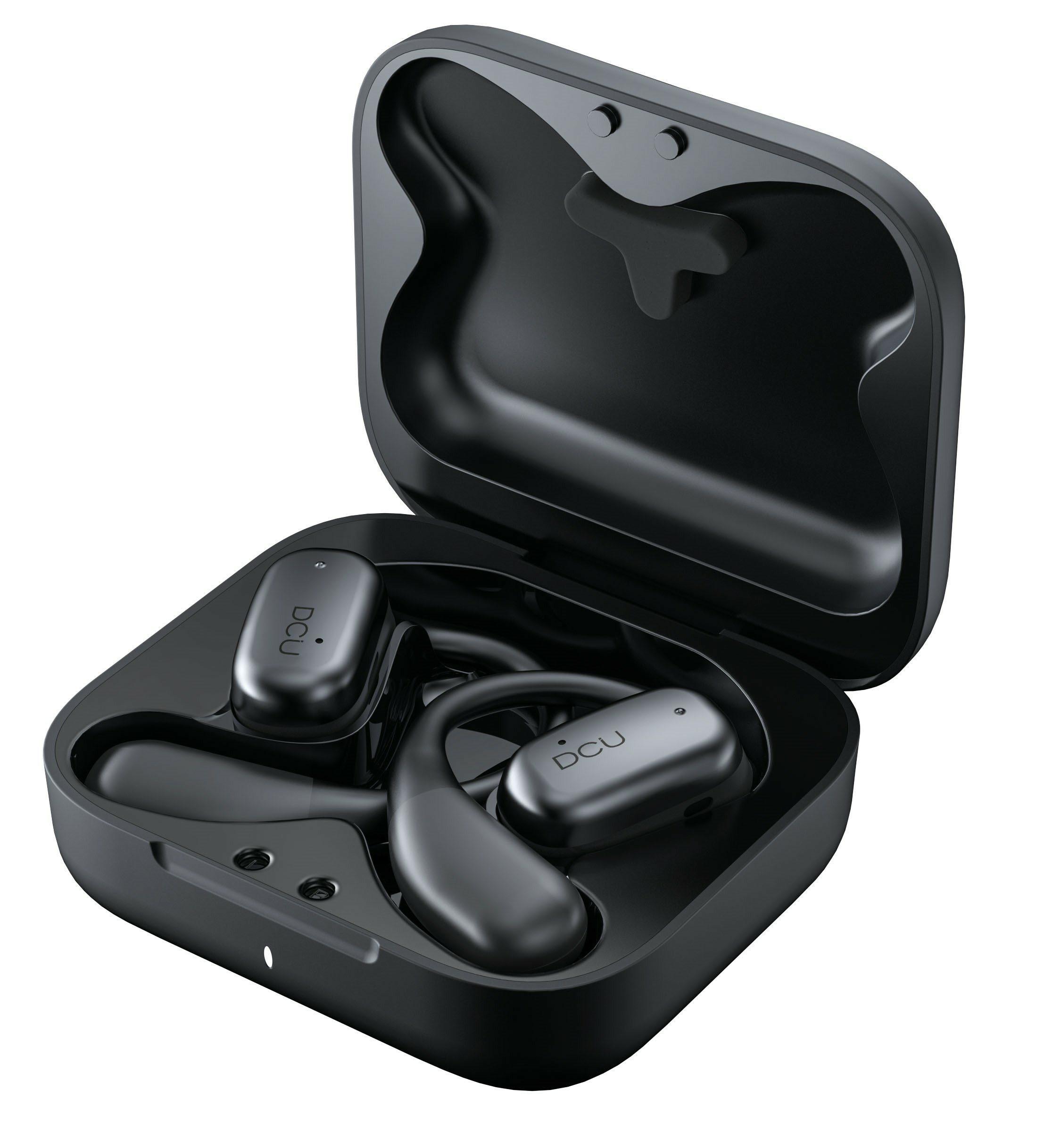 Czarny futerał na słuchawki, otwarty, zawierający dwie słuchawki. Słuchawki i etui są czarne, o eleganckim designie. Tło jest białe.