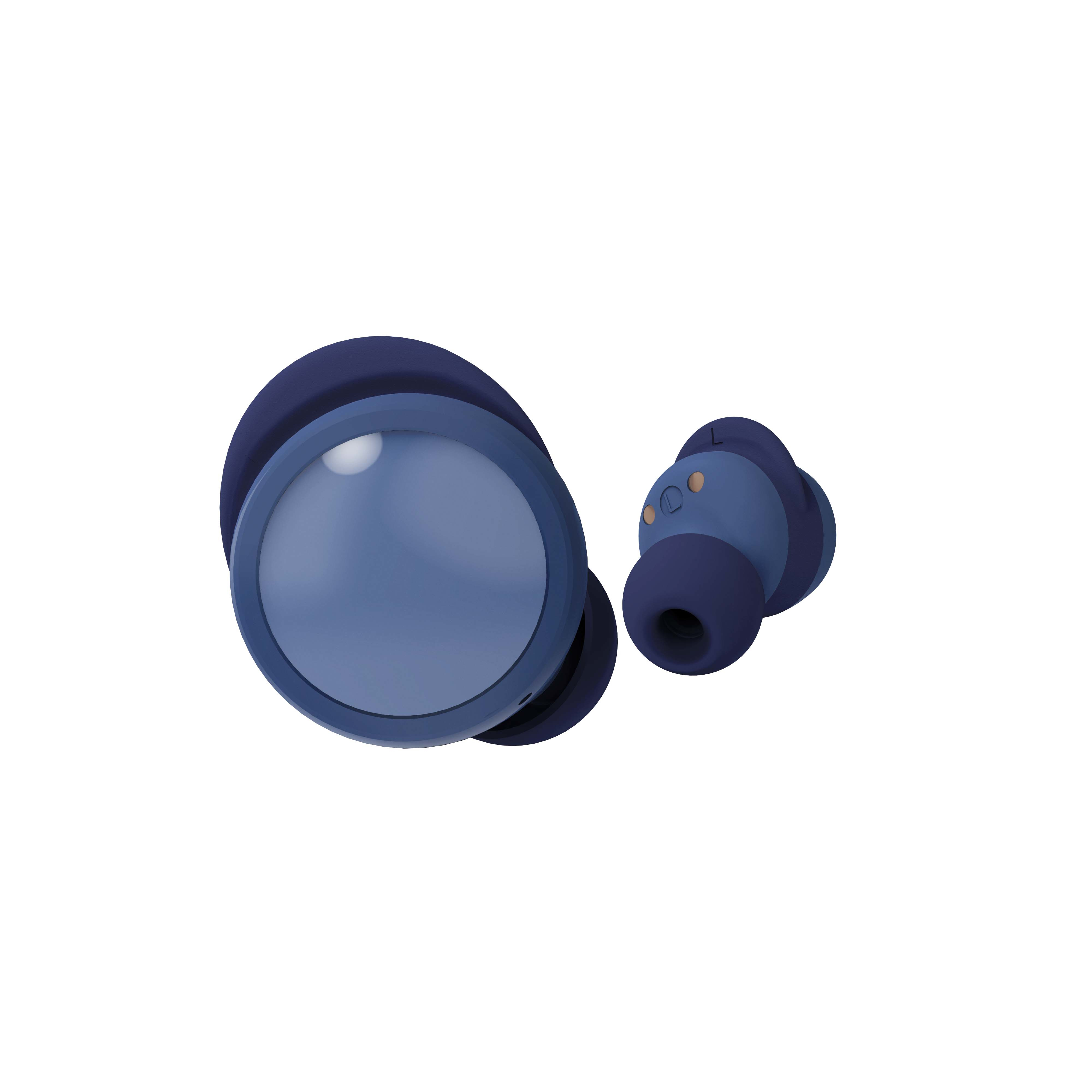Due auricolari wireless blu su sfondo bianco. Uno è più grande e uno più piccolo con un puntale.