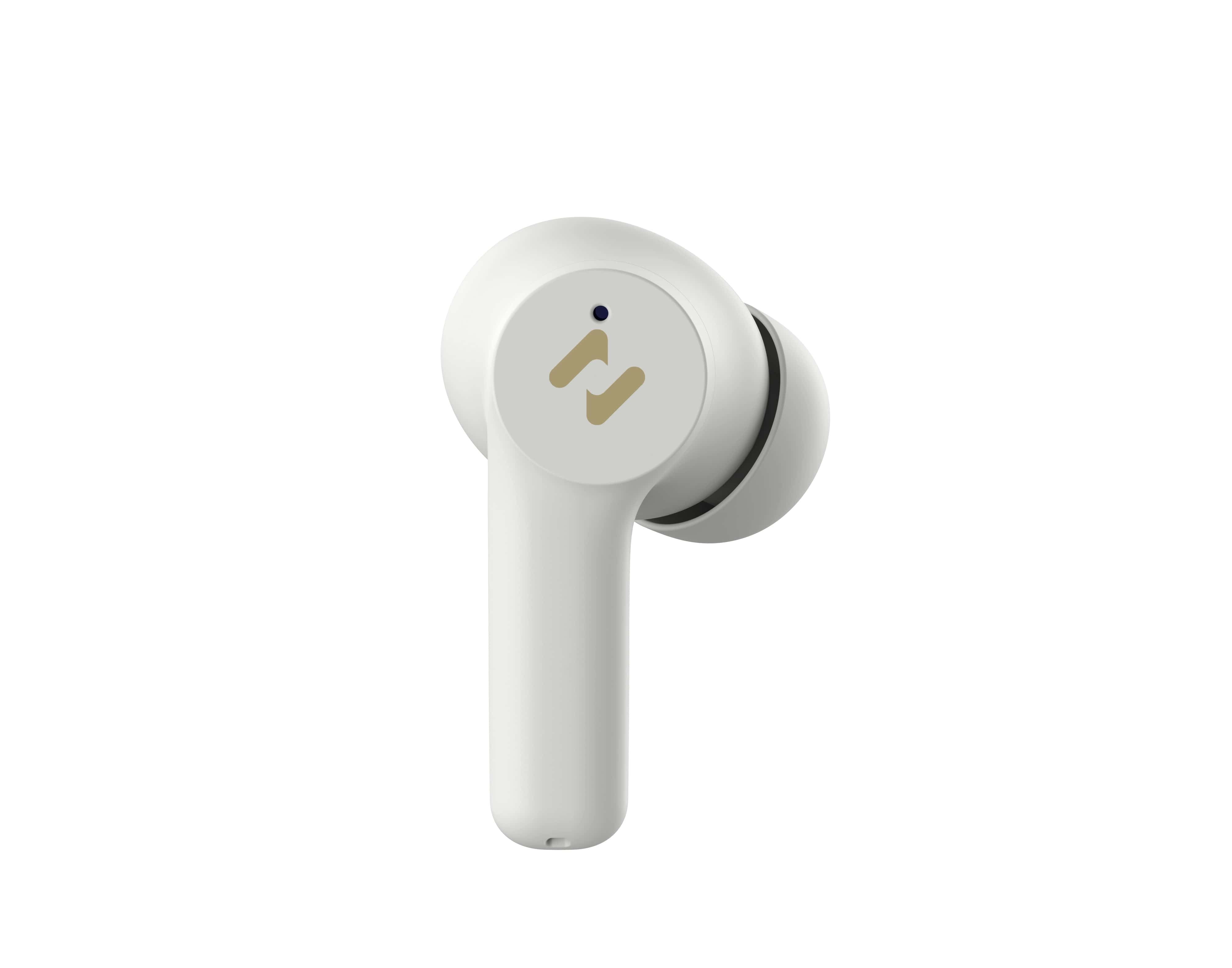Un auricolare bianco. Ha un logo dorato e un piccolo punto blu. Lo sfondo è bianco.