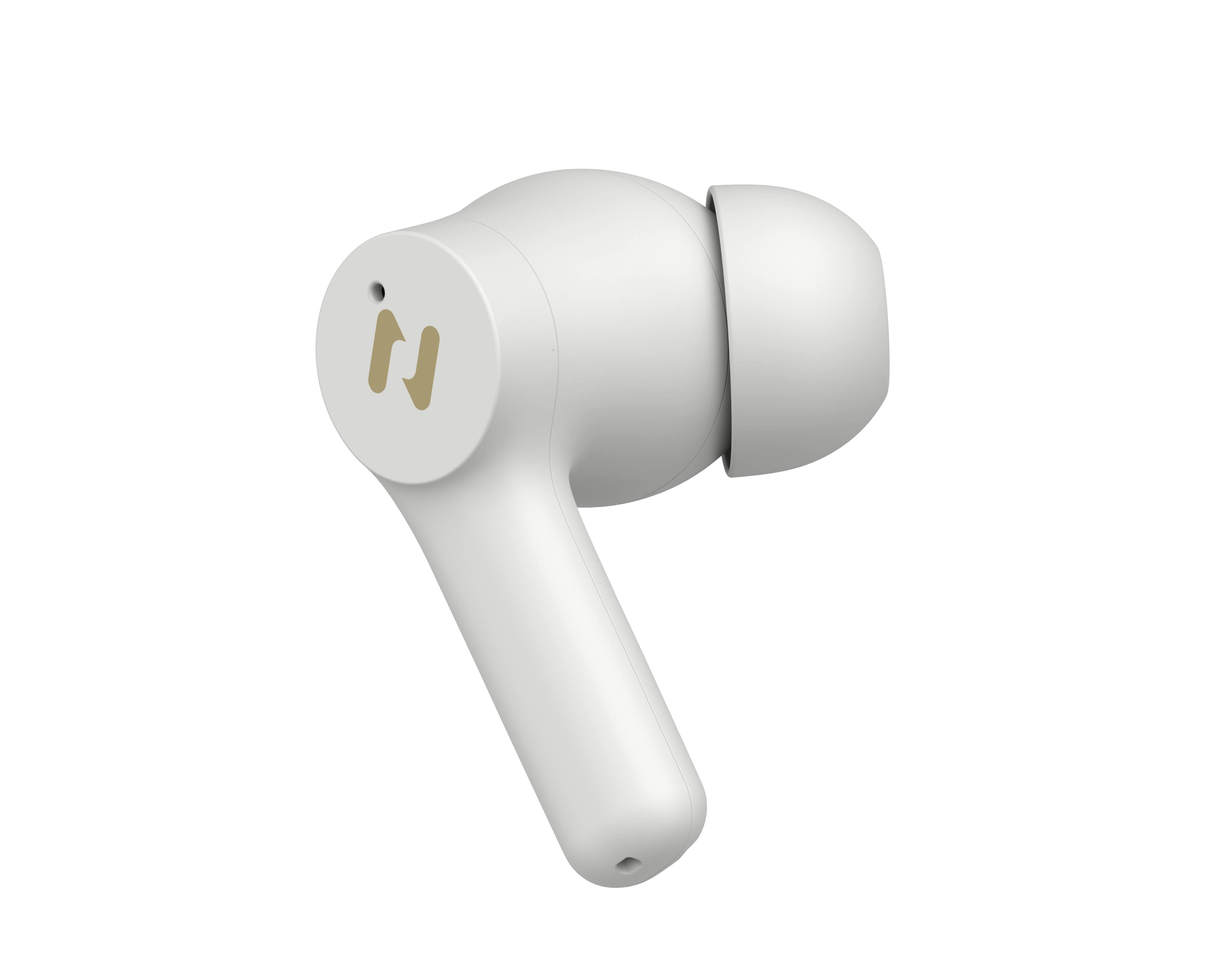 Un auricolare bianco con un logo dorato è isolato su sfondo bianco. È un primo piano.