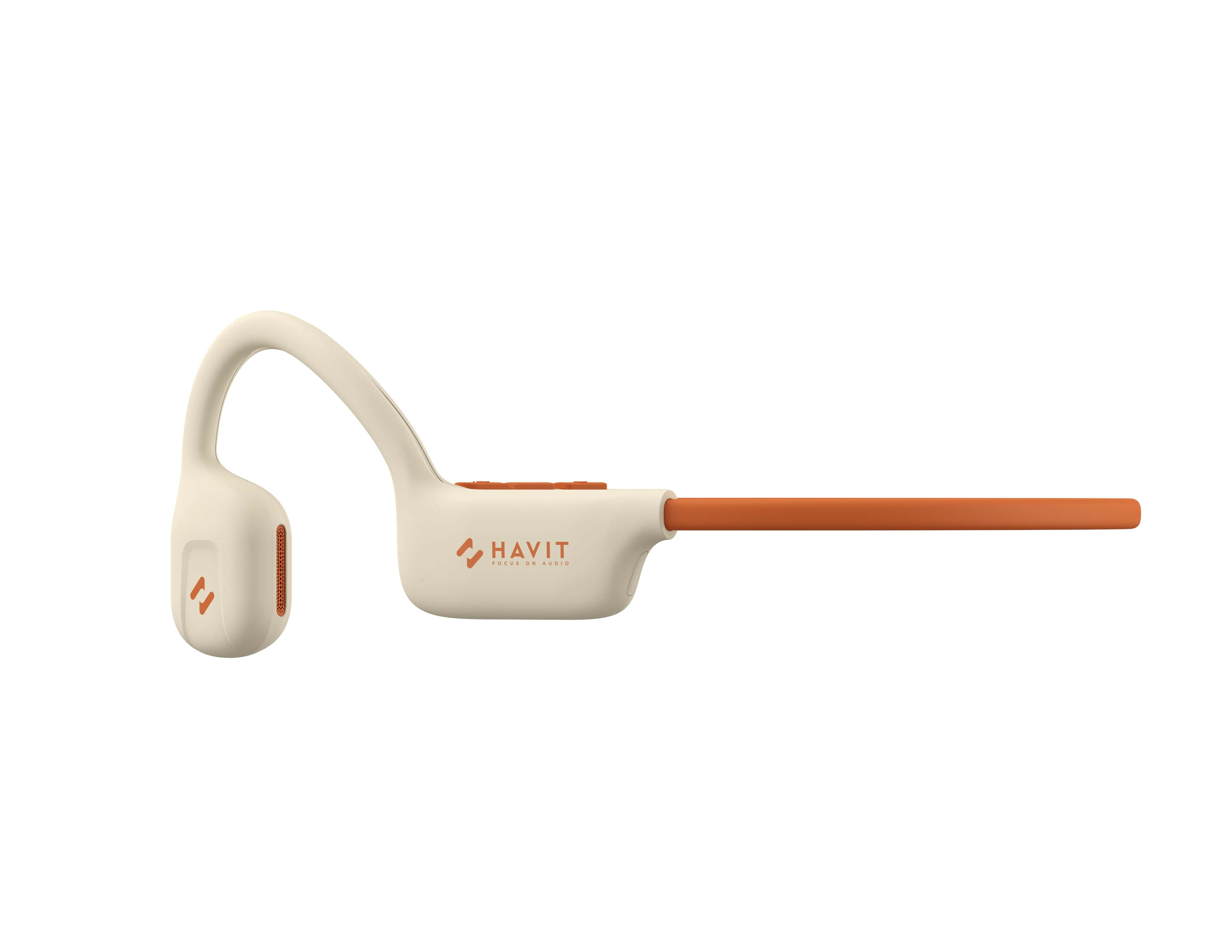 Słuchawki kostne. Kolory ecru i pomarańczowy. Widoczne logo 'HAVIT'.