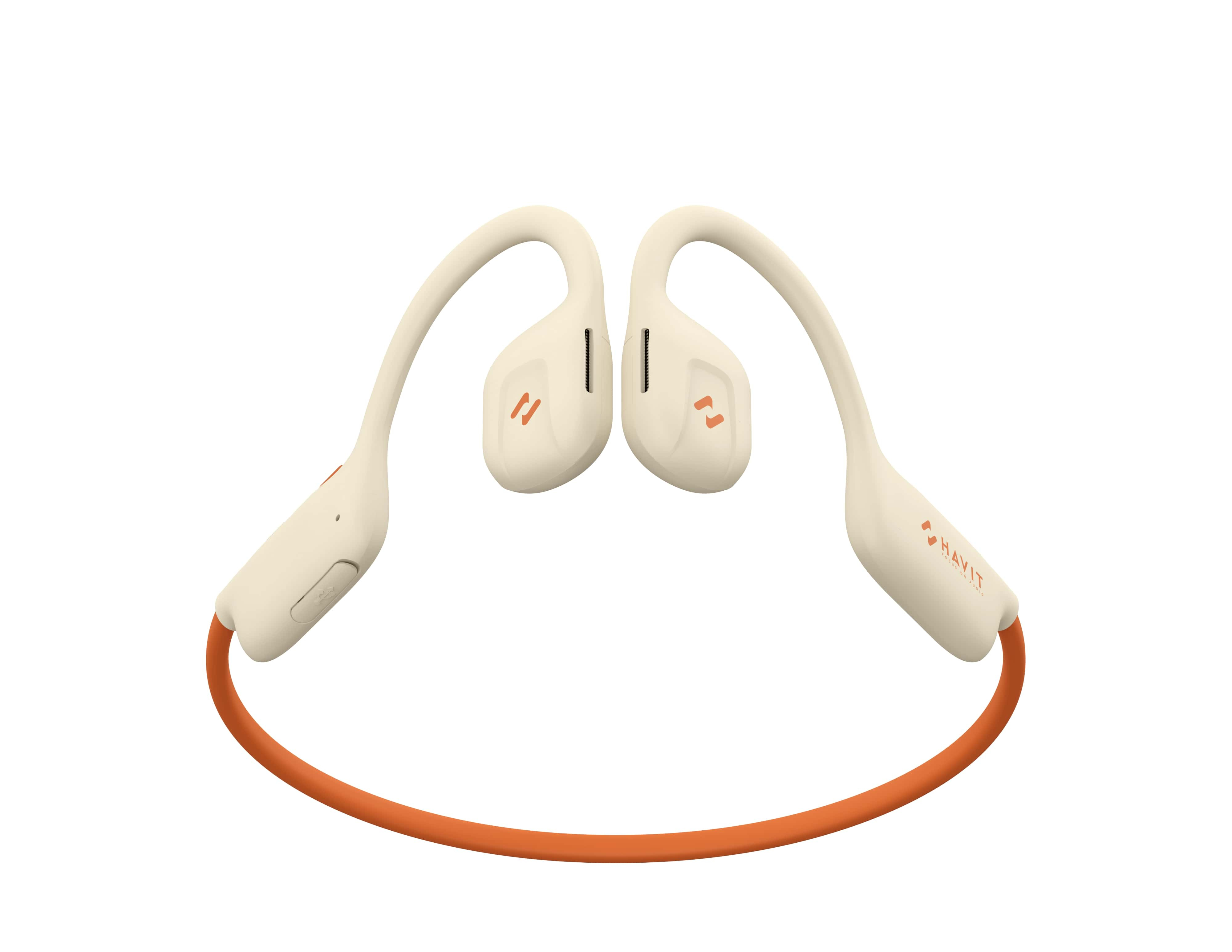 Kremowe słuchawki kostne z pomarańczowymi detalami i łączącą opaską na białym tle.