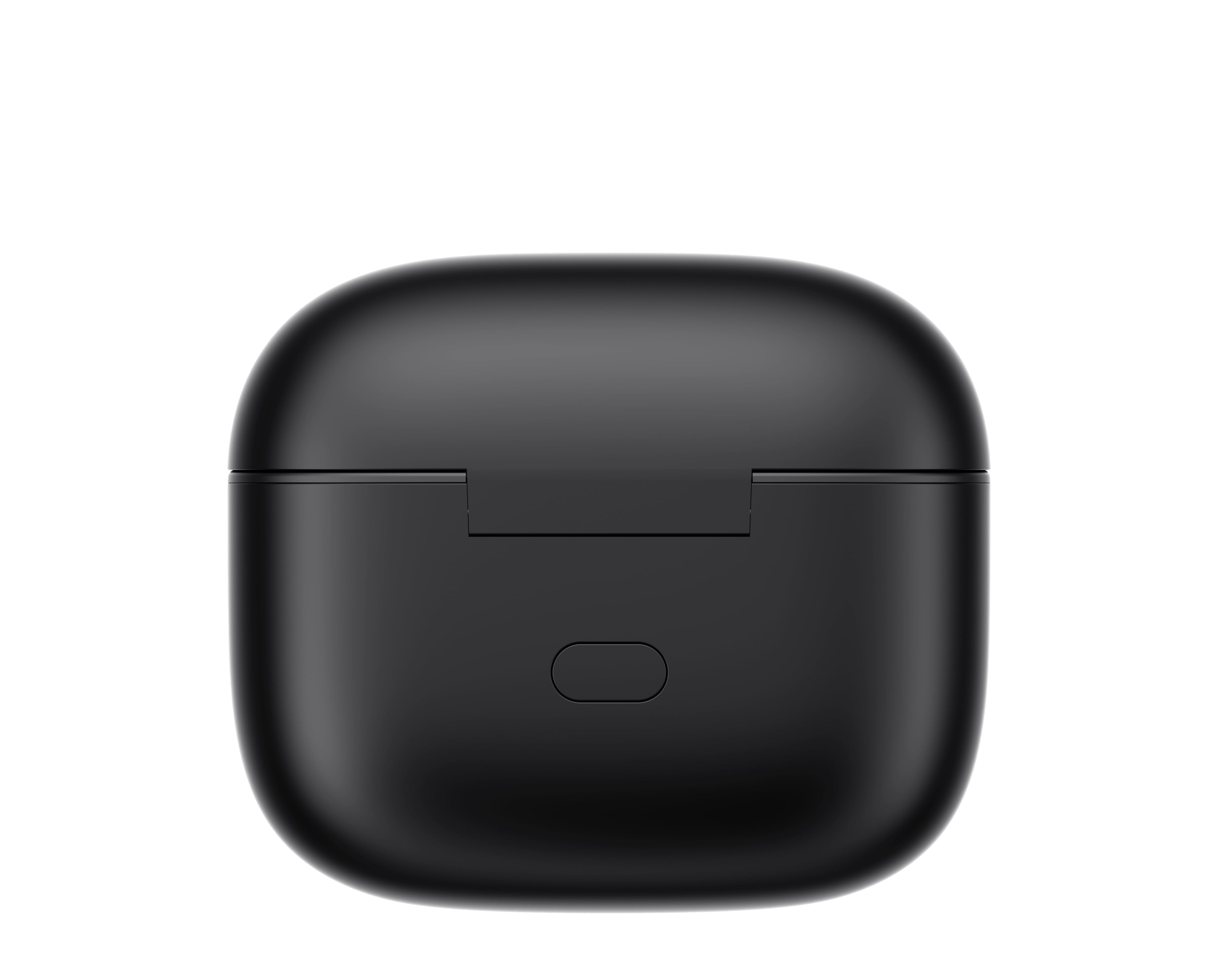 Zamknięte, czarne etui ładujące do słuchawek bezprzewodowych. Jest prostokątne, z zaokrąglonymi rogami i małym przyciskiem.