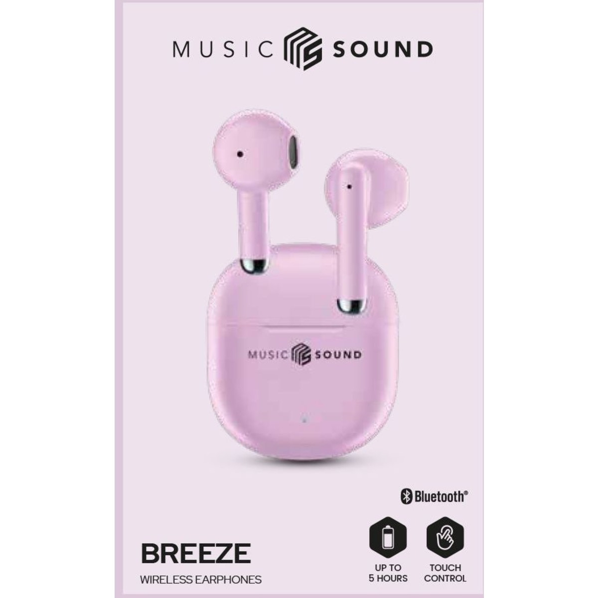 Auricolari wireless rosa in una custodia di ricarica. Testo: 'Music Sound', 'Breeze Wireless Earphones' e 'Bluetooth'.