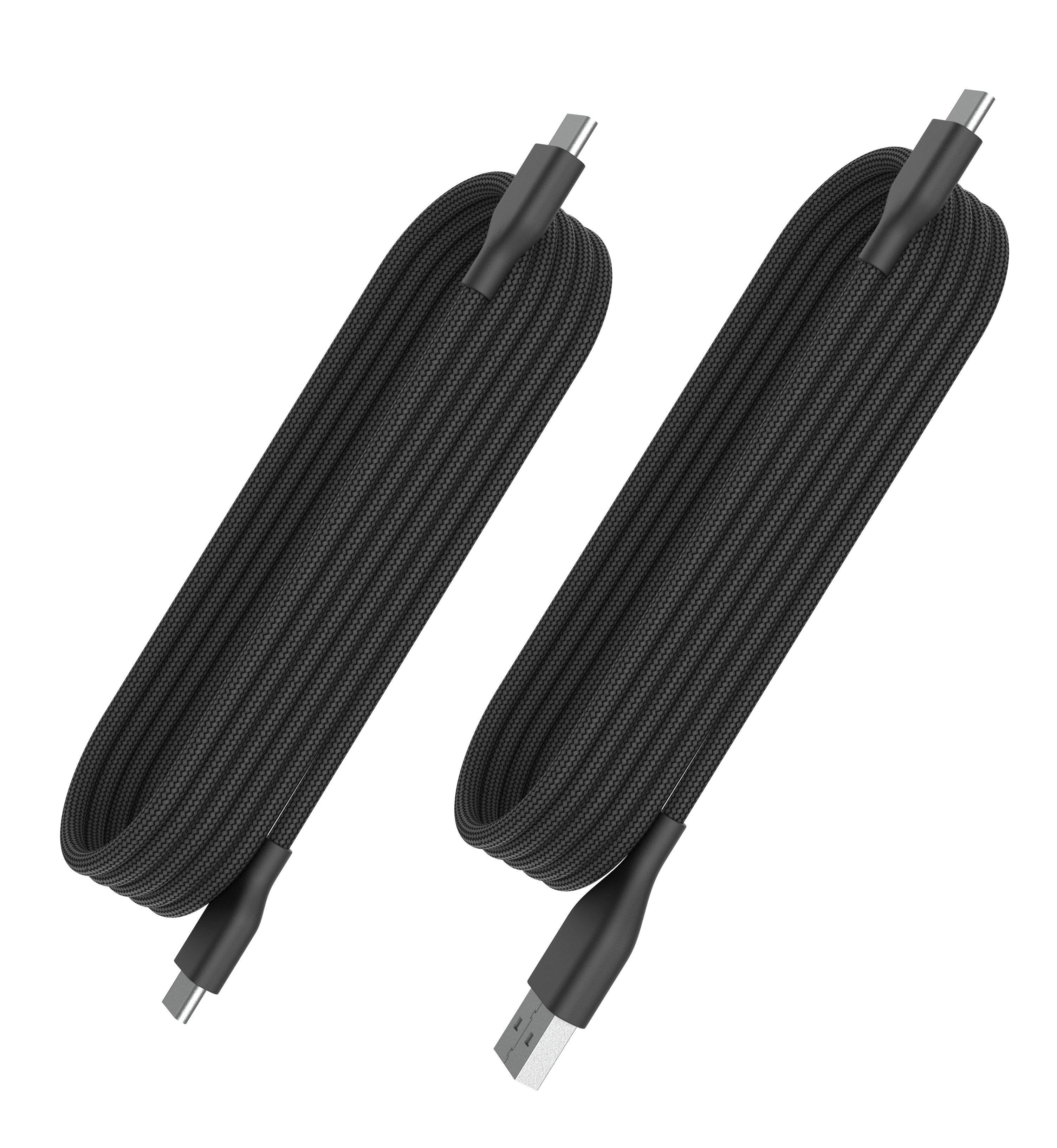 Due cavi USB neri con trama intrecciata, arrotolati. Uno con USB-C, l'altro con connettore USB-A. Sfondo bianco.