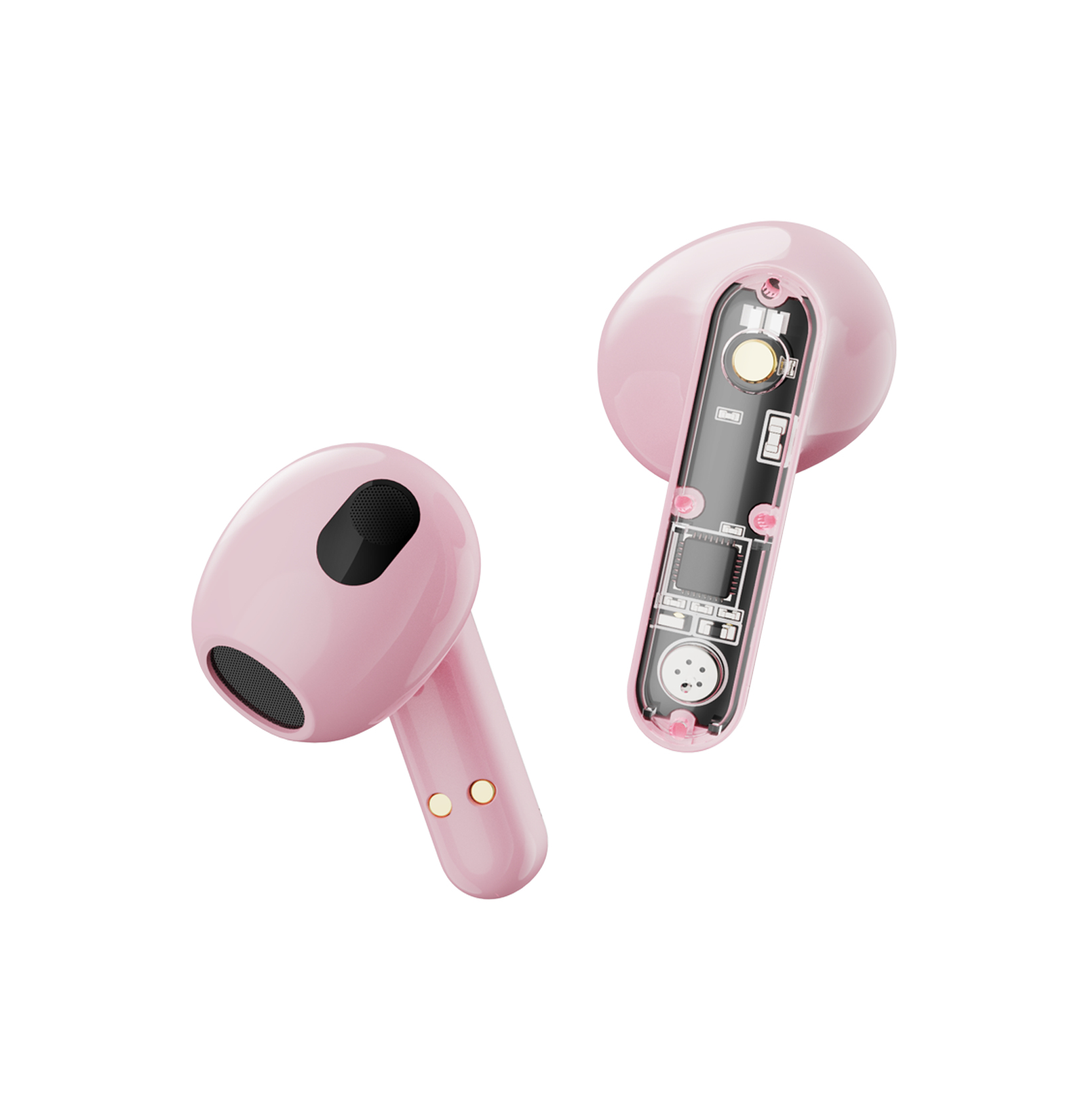Due auricolari rosa senza fili. Uno mostra i componenti interni. Sfondo bianco.