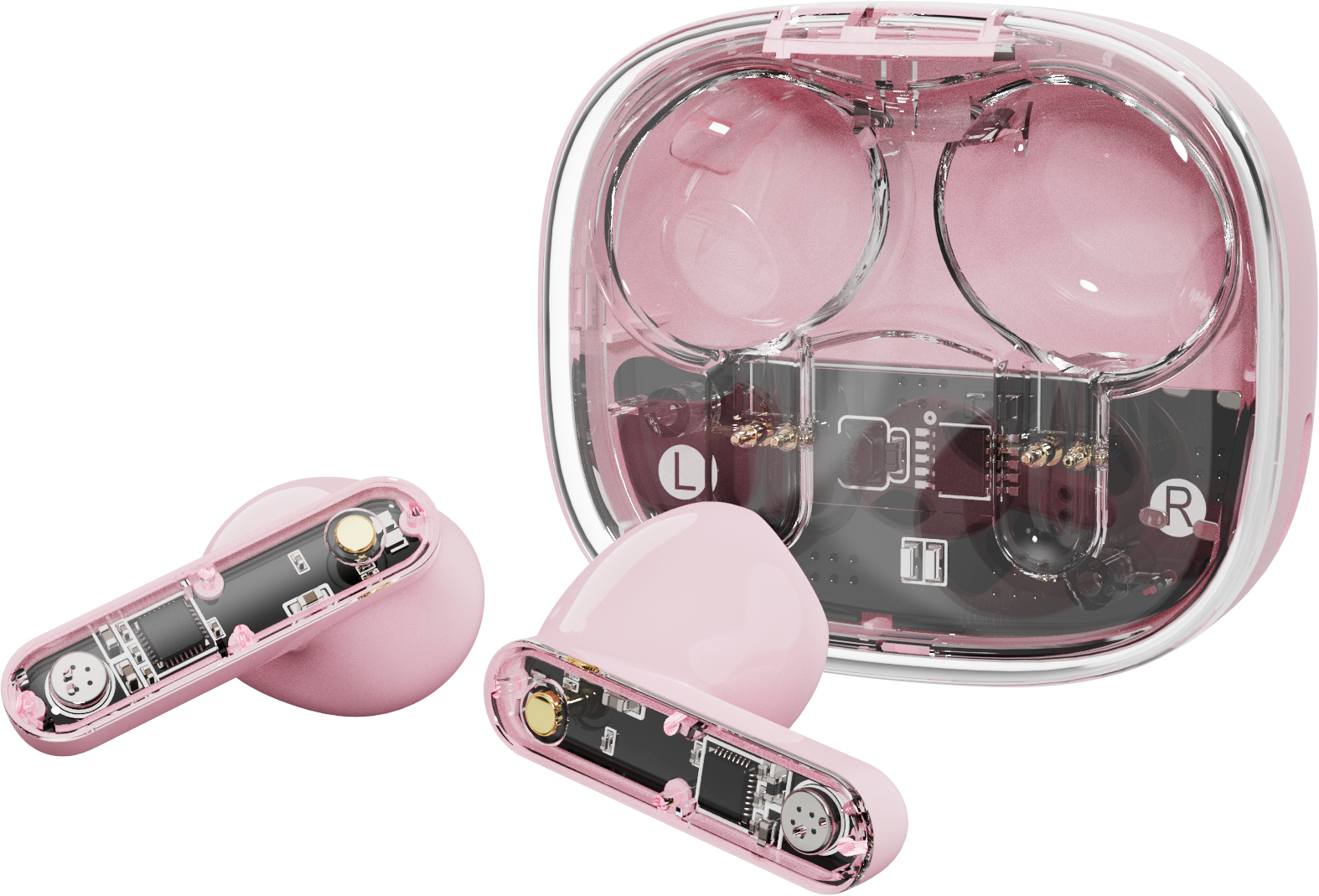 Auricolari wireless e custodia di ricarica rosa. Gli auricolari mostrano i componenti interni. La custodia è rosa trasparente, con due scomparti.