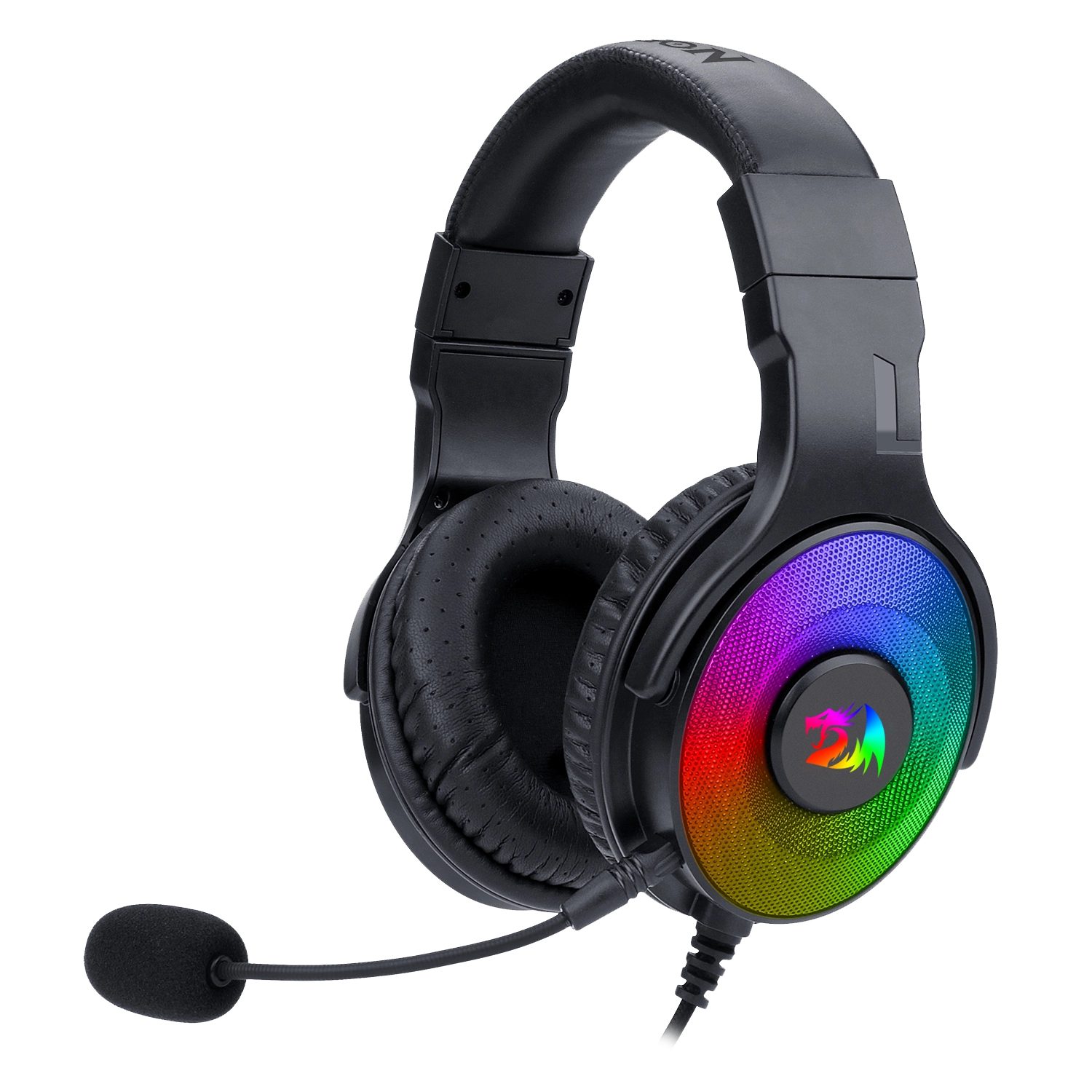 Auriculares gaming negros con una orejera iluminada colorida y un micrófono sobre fondo blanco.