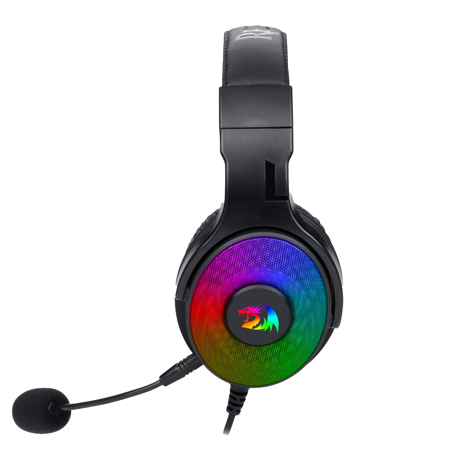 Auriculares gaming negros con almohadillas coloridas y micrófono. Las almohadillas tienen un degradado arcoíris. Se ve el logo Redragon.