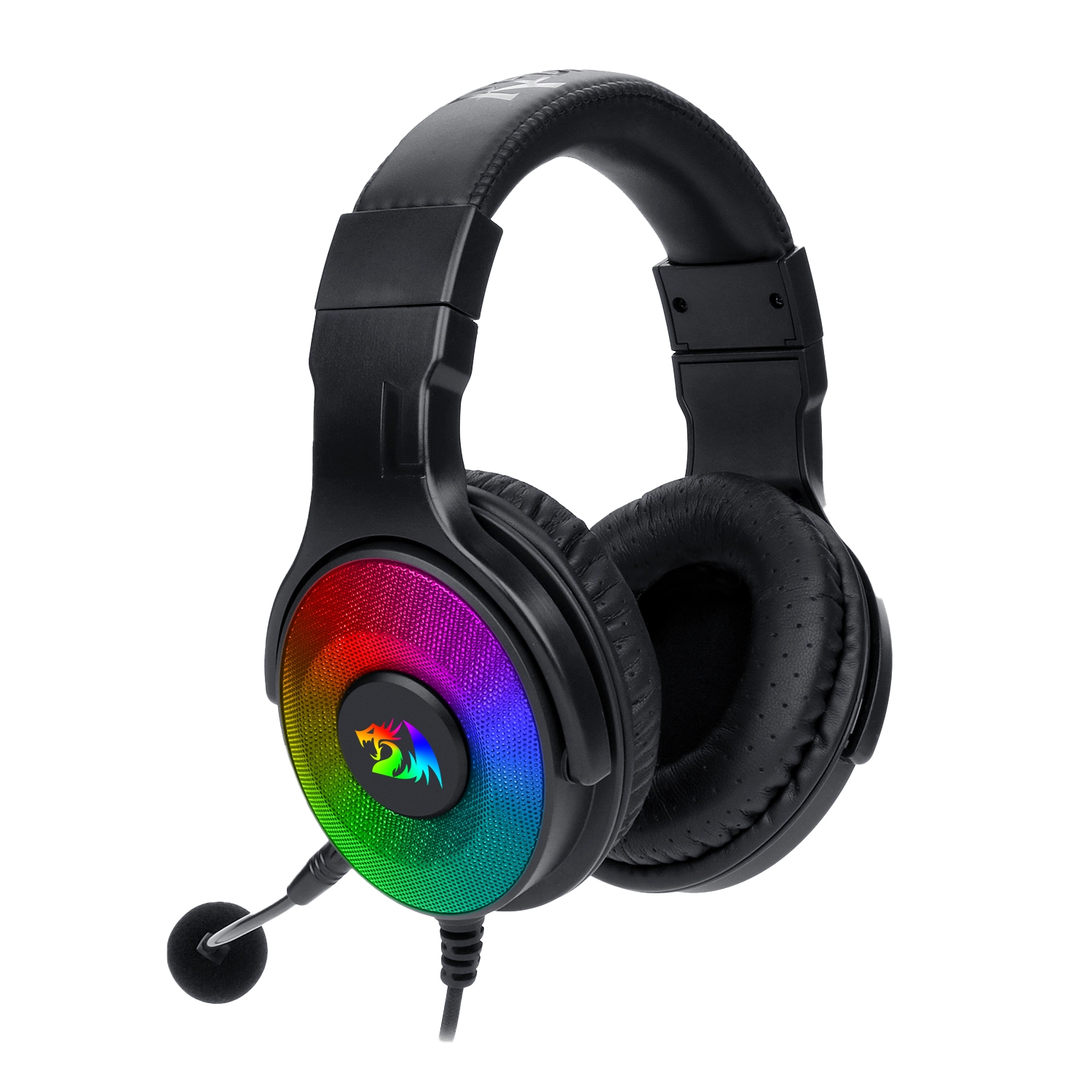 Auriculares para juegos negros con una orejera de color arcoíris. Tiene un micrófono y un cable. El logo es un dragón.