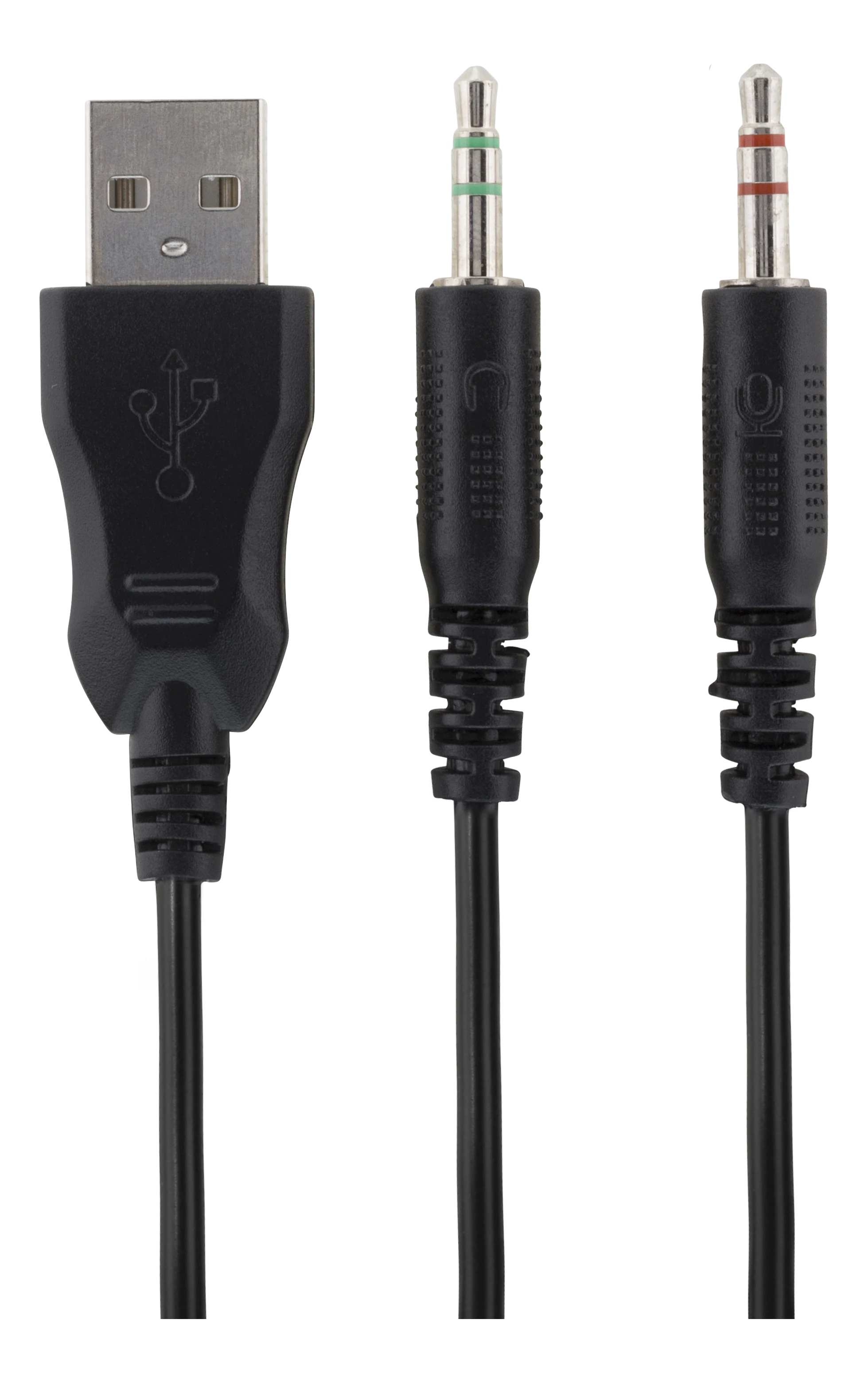 Ein USB-Anschluss und zwei Audio-Klinkenanschlüsse, schwarze Kabel, auf weißem Hintergrund.