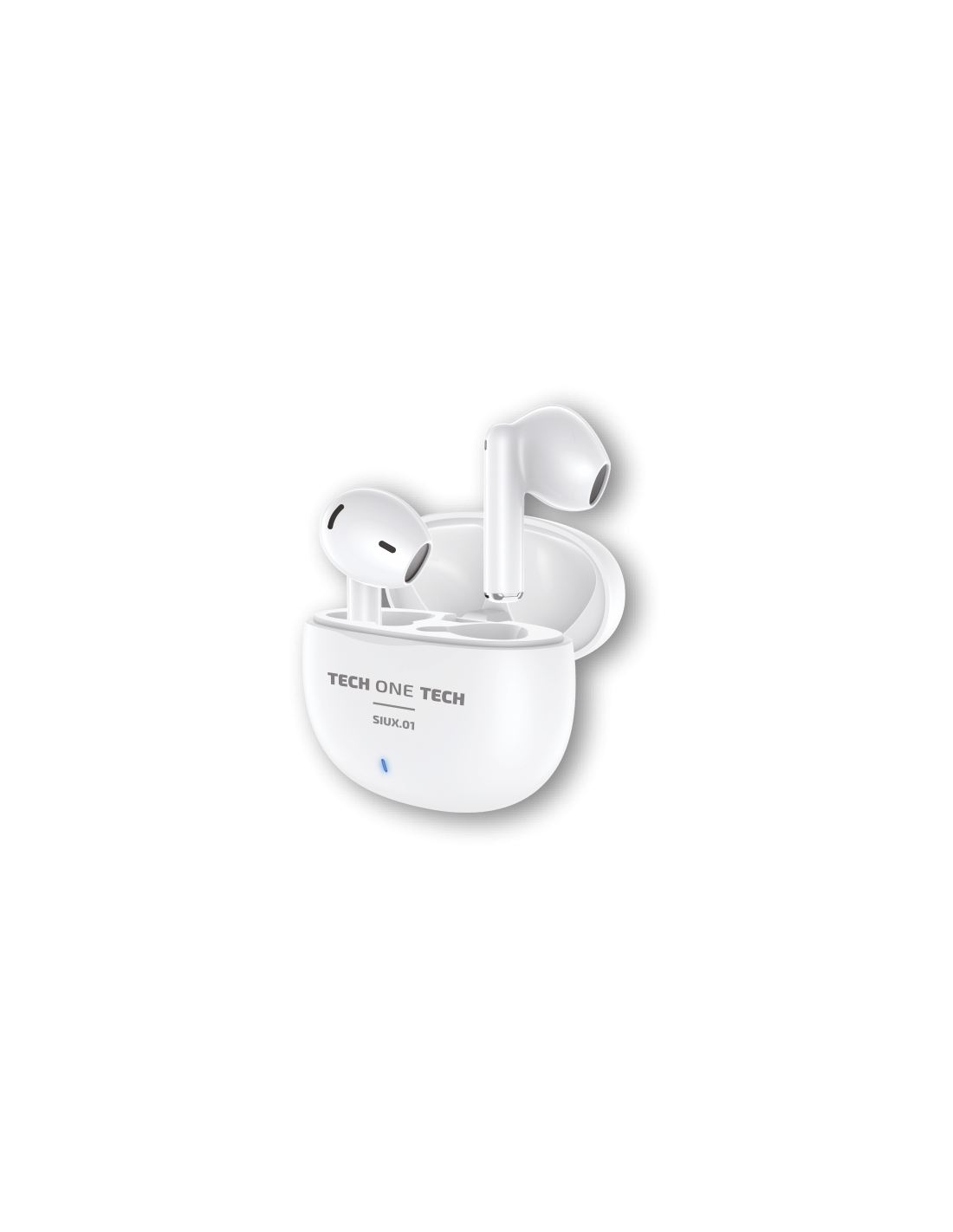 Auricolari wireless bianchi in una custodia di ricarica. Sulla custodia c'è scritto 'TECH ONE TECH'. Lo sfondo è bianco.