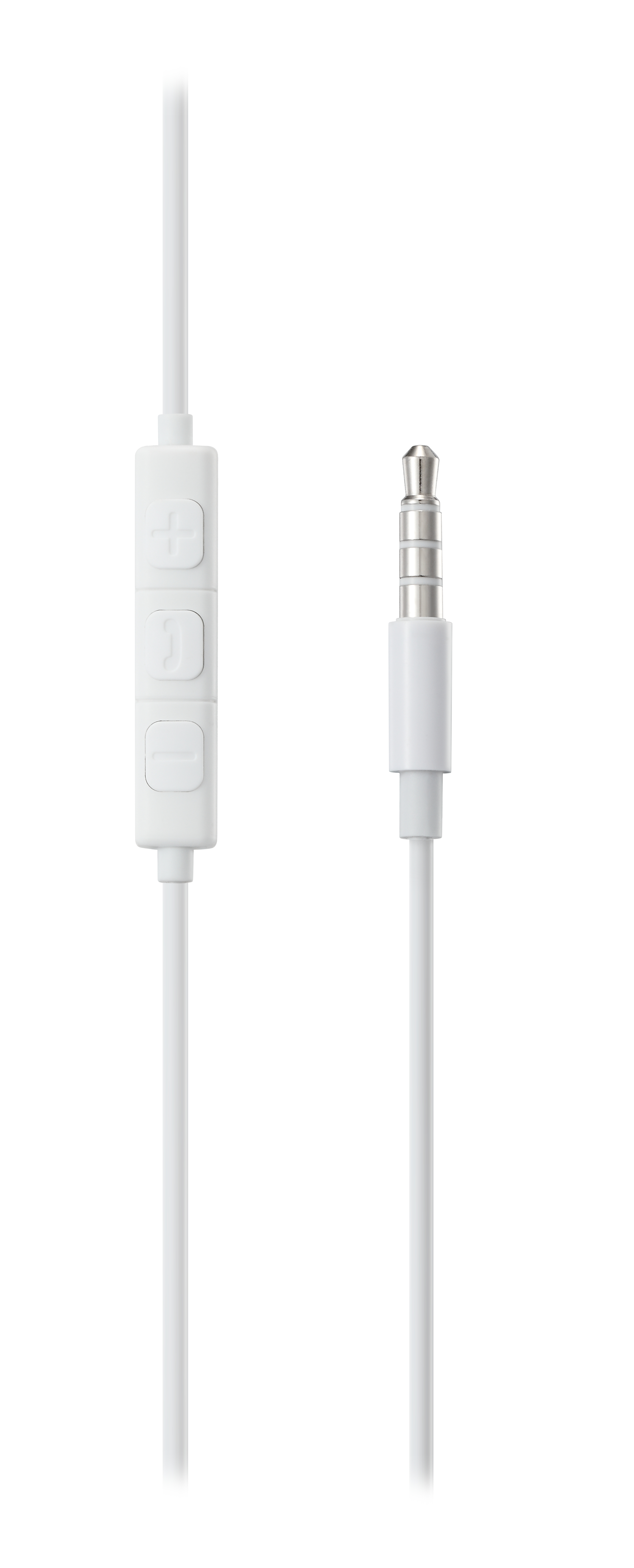 Un cavo per cuffie bianco con un modulo di controllo e un connettore jack da 3,5 mm, isolato su sfondo bianco.