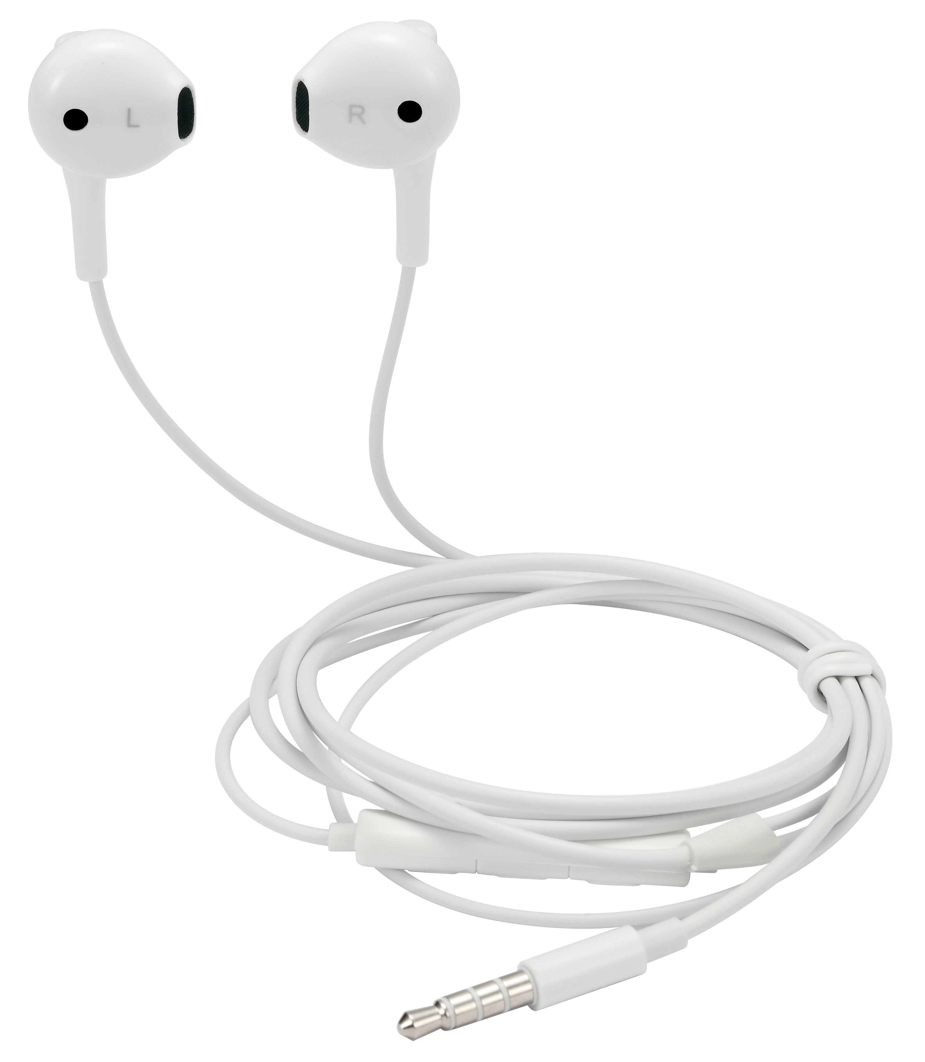 Auricolari bianchi con cavo. Gli auricolari sono contrassegnati con L e R. Il cavo è arrotolato e termina con un jack.