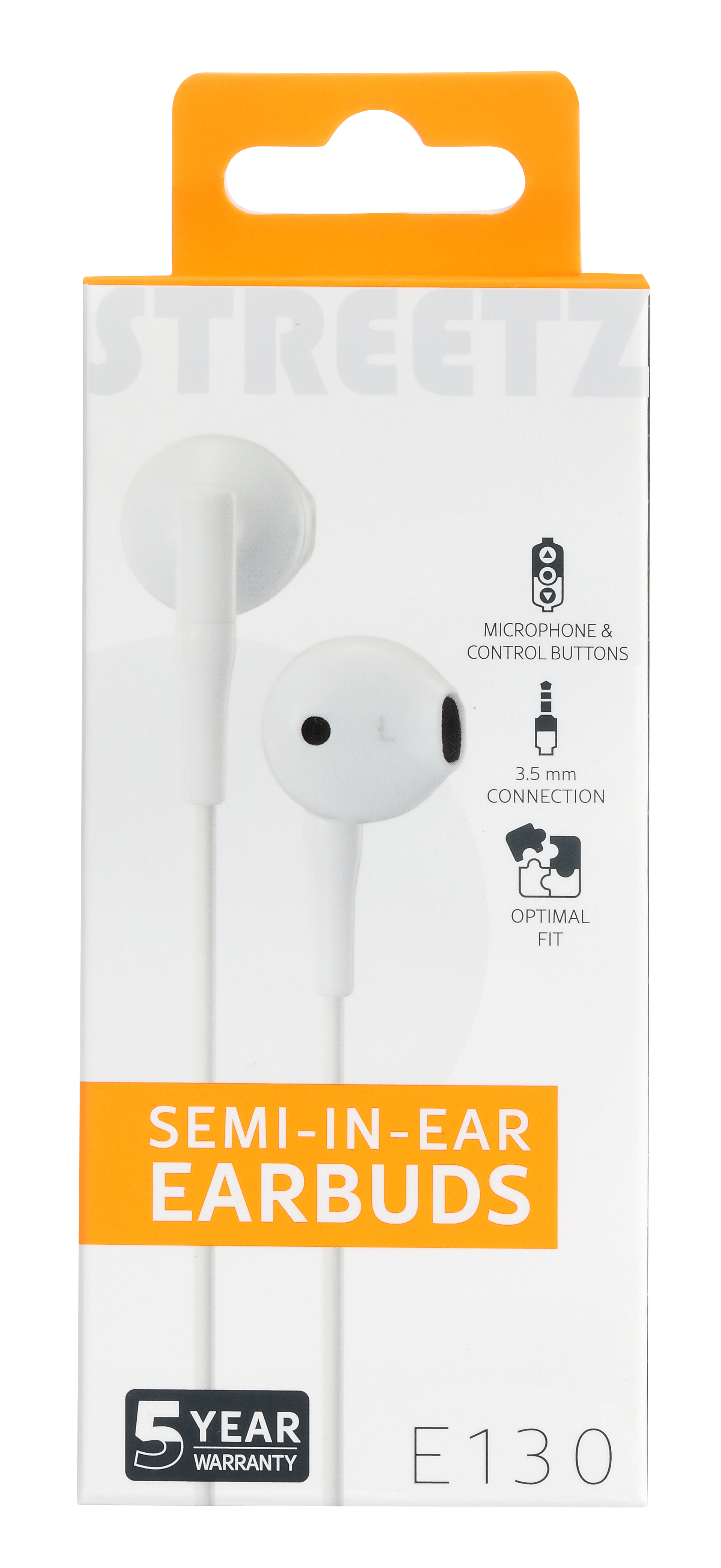 Auricolari bianchi in una scatola. La scatola è bianca e arancione con testo e icone. Gli auricolari sono semi-in-ear.