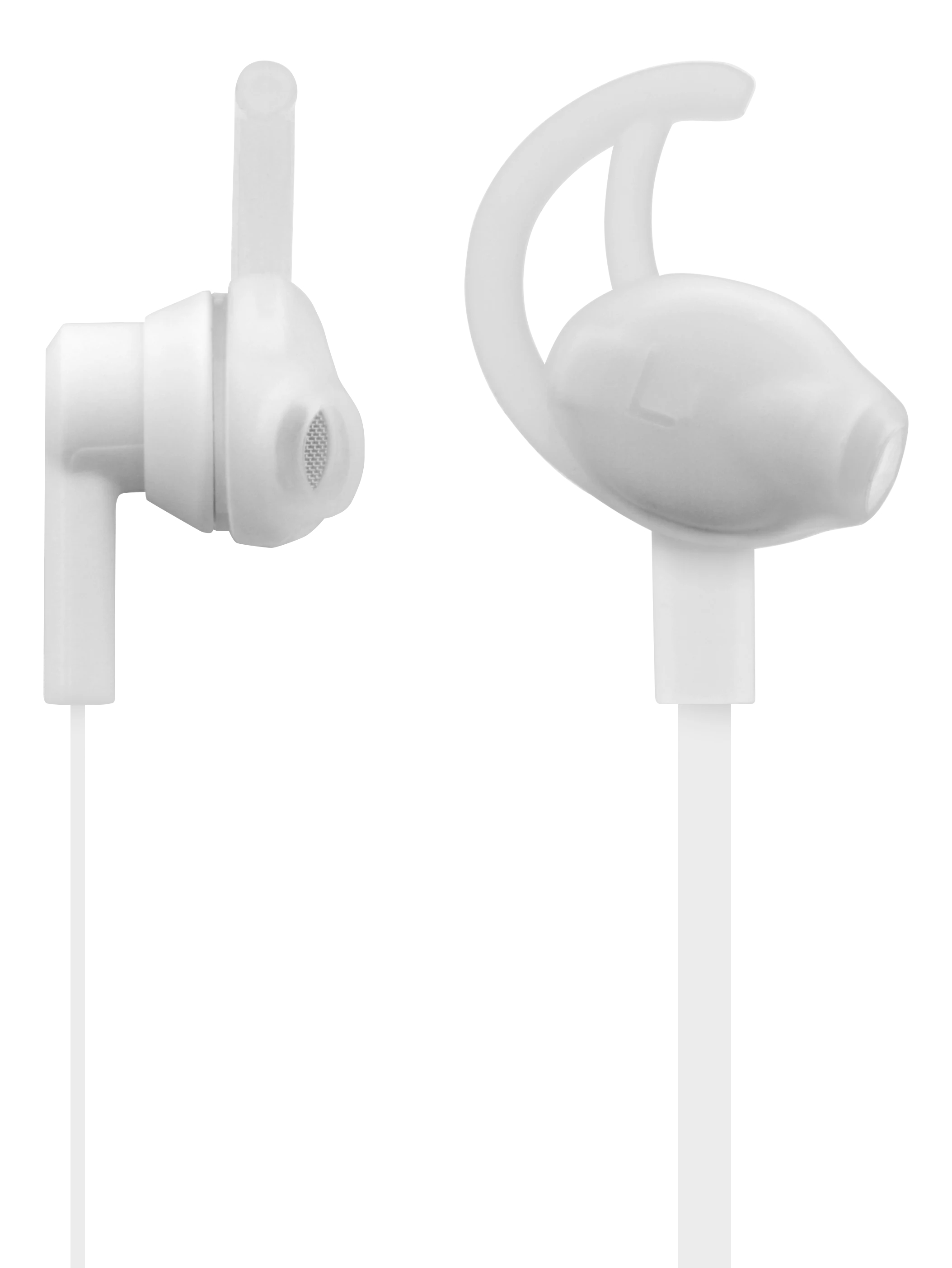 Due auricolari bianchi con ganci per le orecchie, su sfondo bianco. Un auricolare è angolato, l'altro dritto.