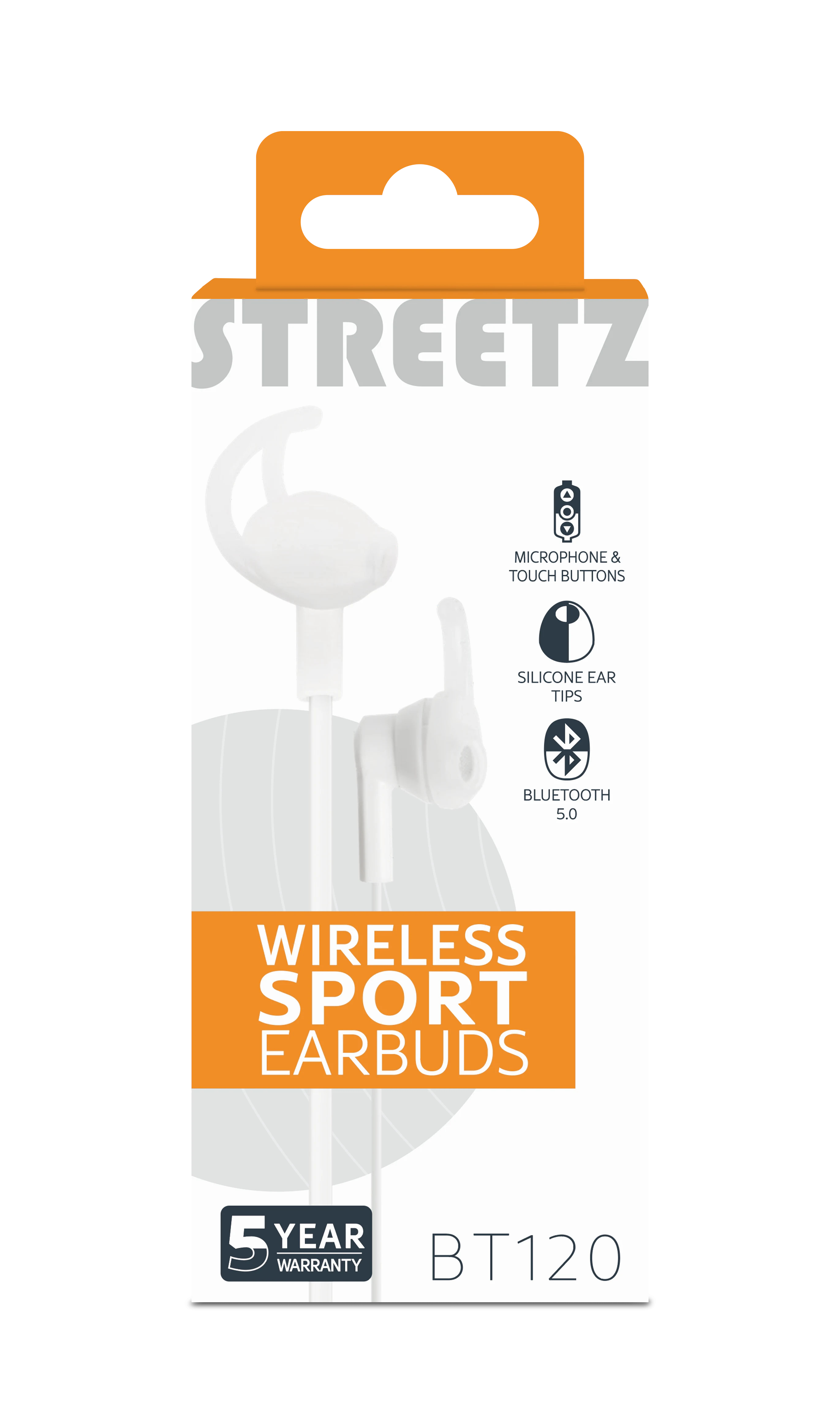 Scatola con auricolari bianchi e dettagli arancioni. Testo: 'STREETZ', 'WIRELESS SPORT EARBUDS' e caratteristiche come Bluetooth.