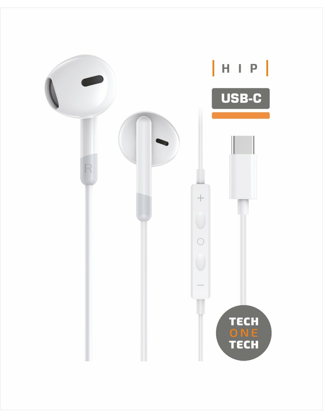 Auricolari bianchi con connettore USB-C. Include un pannello di controllo e il logo del marchio. Lo sfondo è bianco.