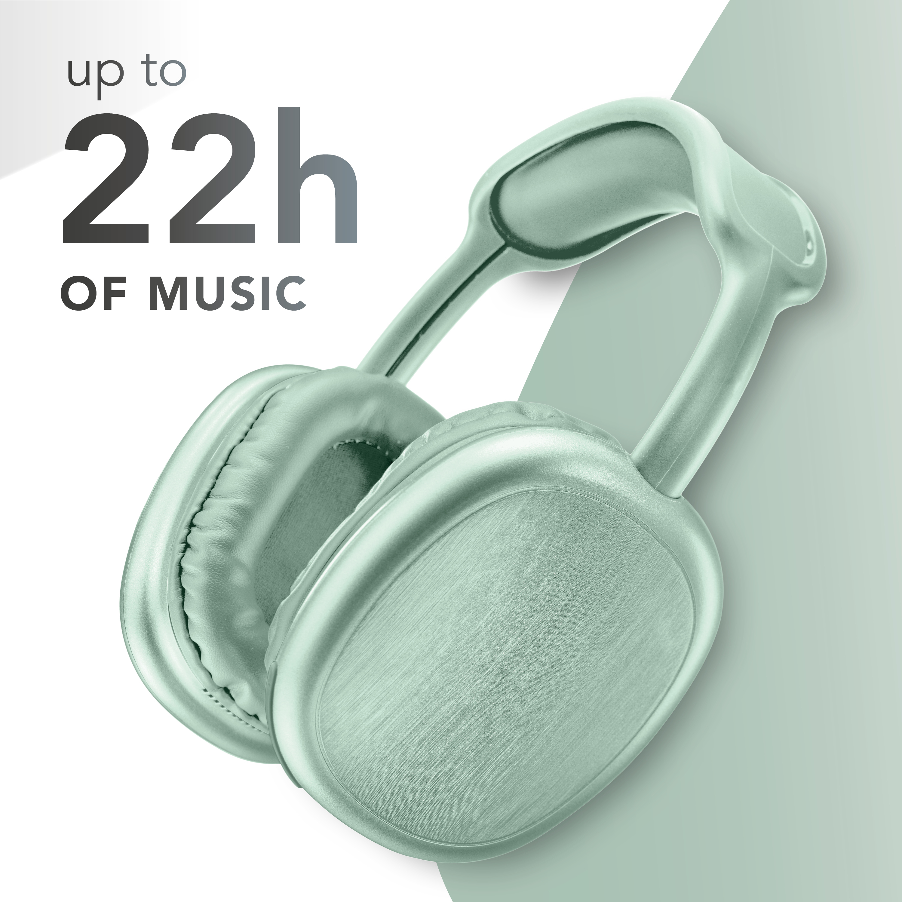Miętowe słuchawki na białym i zielonym tle. Tekst mówi 'do 22h muzyki'.