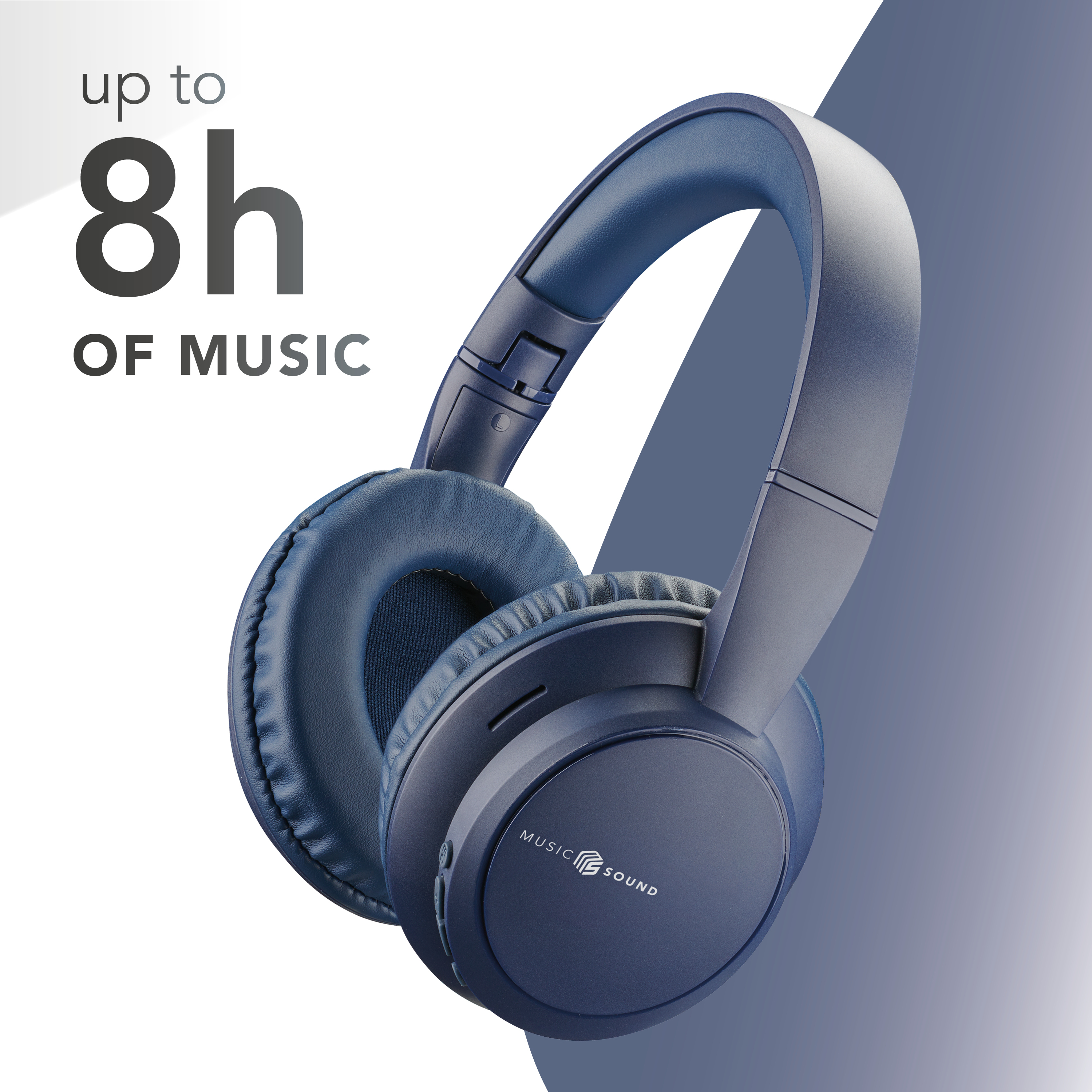 Blaue Kopfhörer mit Text 'bis zu 8h Musik' auf weißem und grauem Hintergrund.
