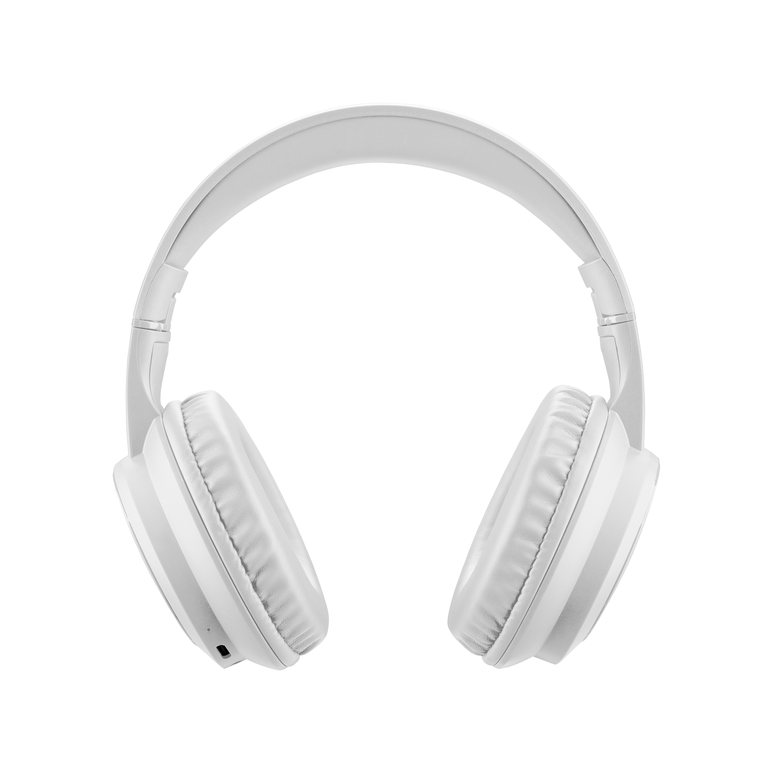 Weiße Kopfhörer auf weißem Hintergrund. Die Kopfhörer sind im Over-Ear-Stil mit Ohrmuscheln und einem Bügel.