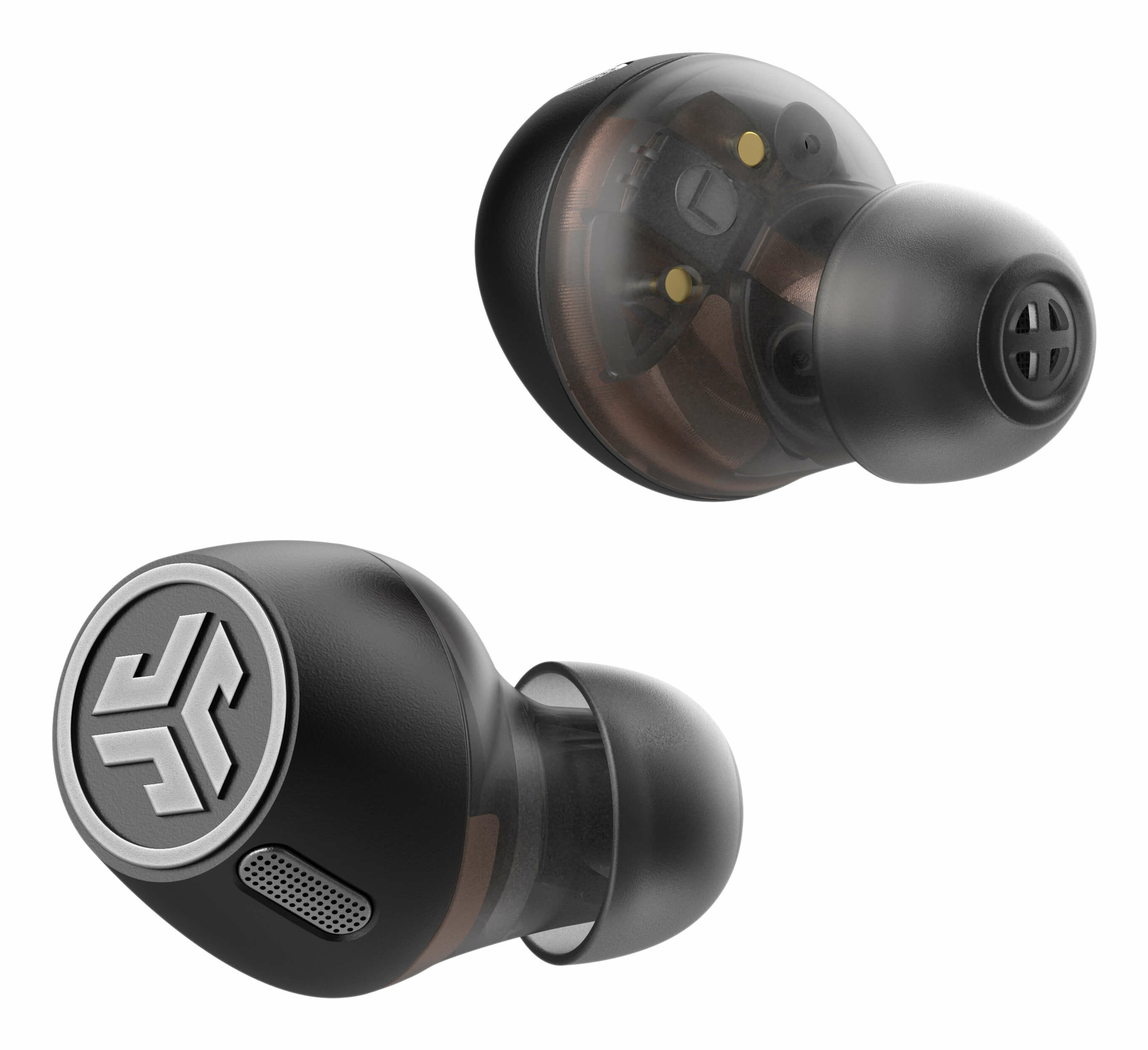 Due auricolari wireless neri su sfondo bianco. Uno è trasparente. L'altro ha un logo argentato.