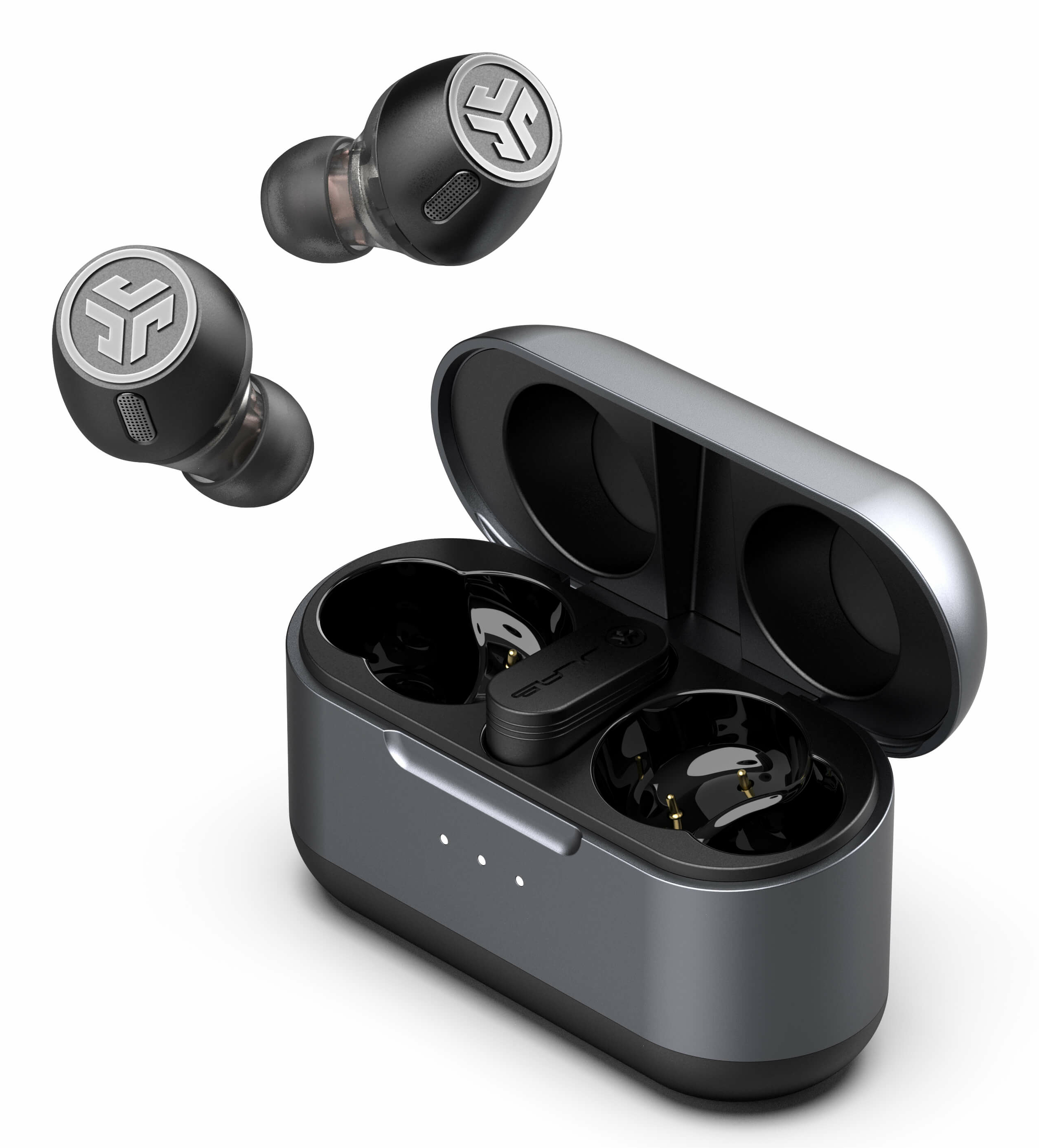 Auricolari wireless neri con custodia di ricarica. Due auricolari fluttuanti. Custodia aperta. Sfondo bianco.