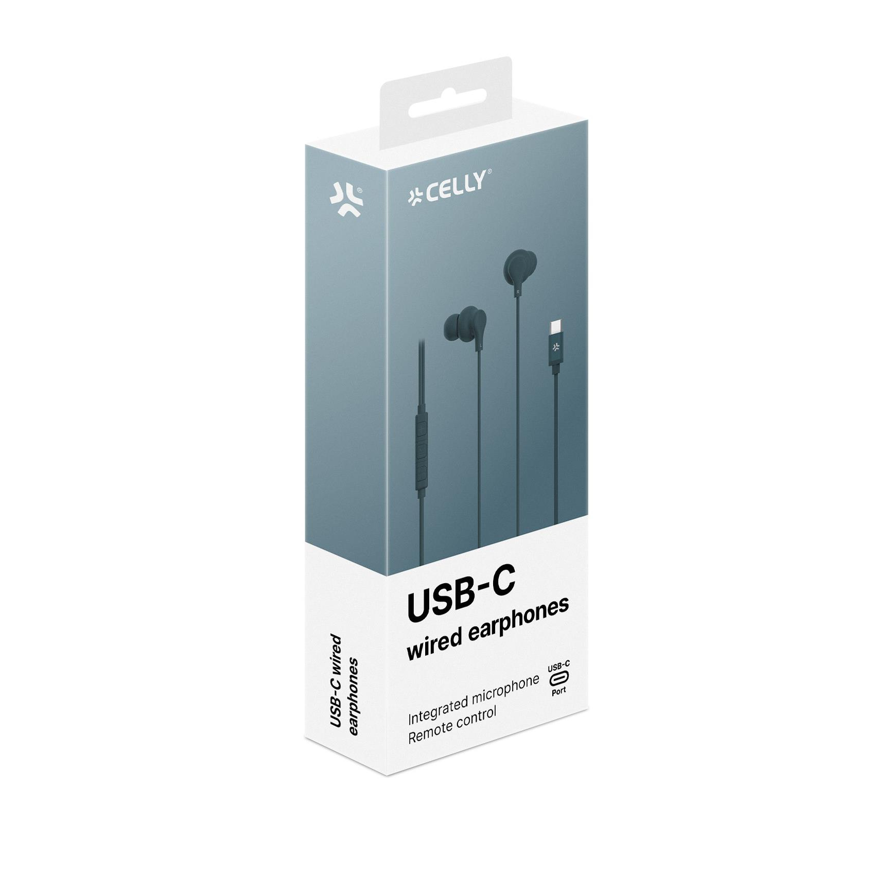 Scatola di auricolari cablati USB-C Celly. Include microfono integrato e telecomando. Scatola grigia con testo bianco.