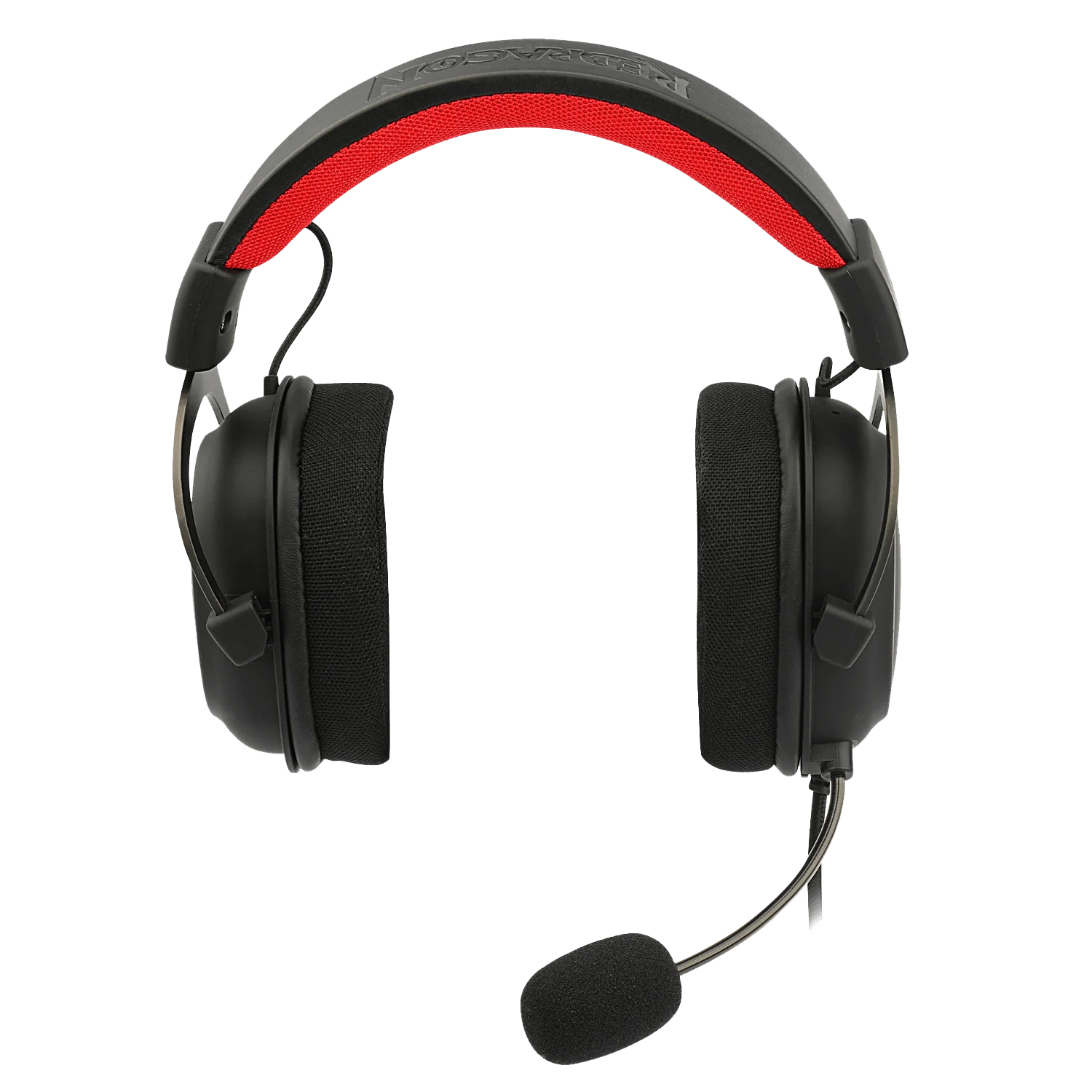 Auriculares gaming negros con diadema acolchada roja. Cuenta con auriculares, un micrófono y un marco plateado. Aislado sobre fondo blanco.