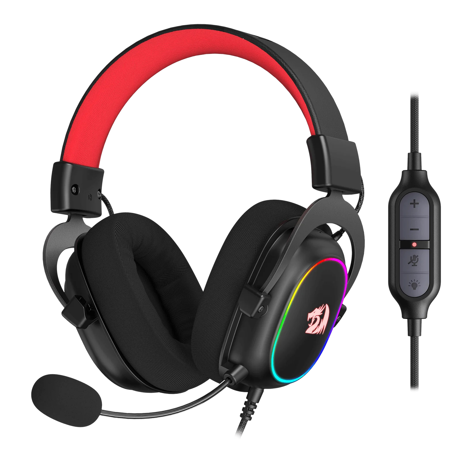 Auriculares gaming negros con diadema roja. Tiene micrófono y panel de control con opciones de volumen y silencio.