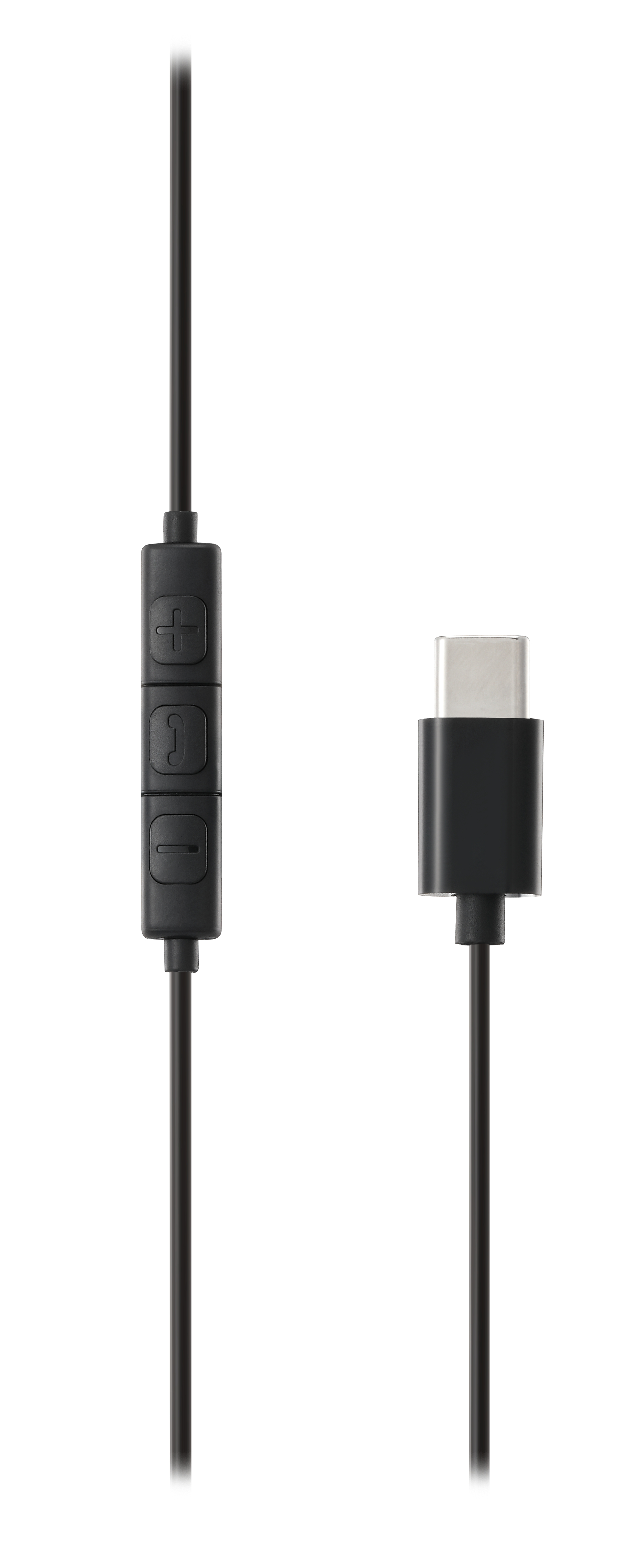 Cavo audio nero con controlli del volume e connettore USB-C su sfondo bianco, isolato.