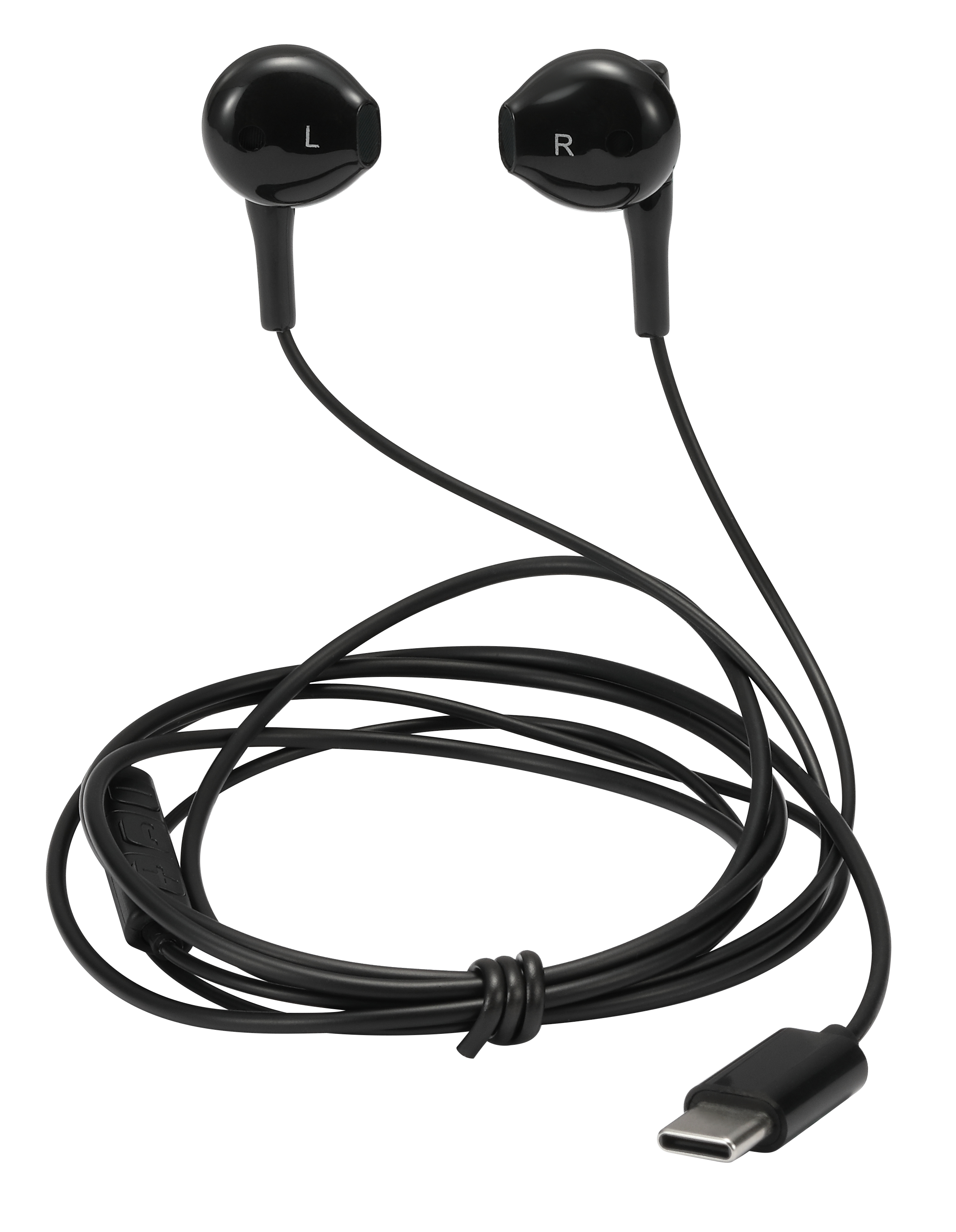 Auricolari neri con marcature 'L' e 'R', collegati a un cavo nero e un connettore USB-C. Sfondo bianco.