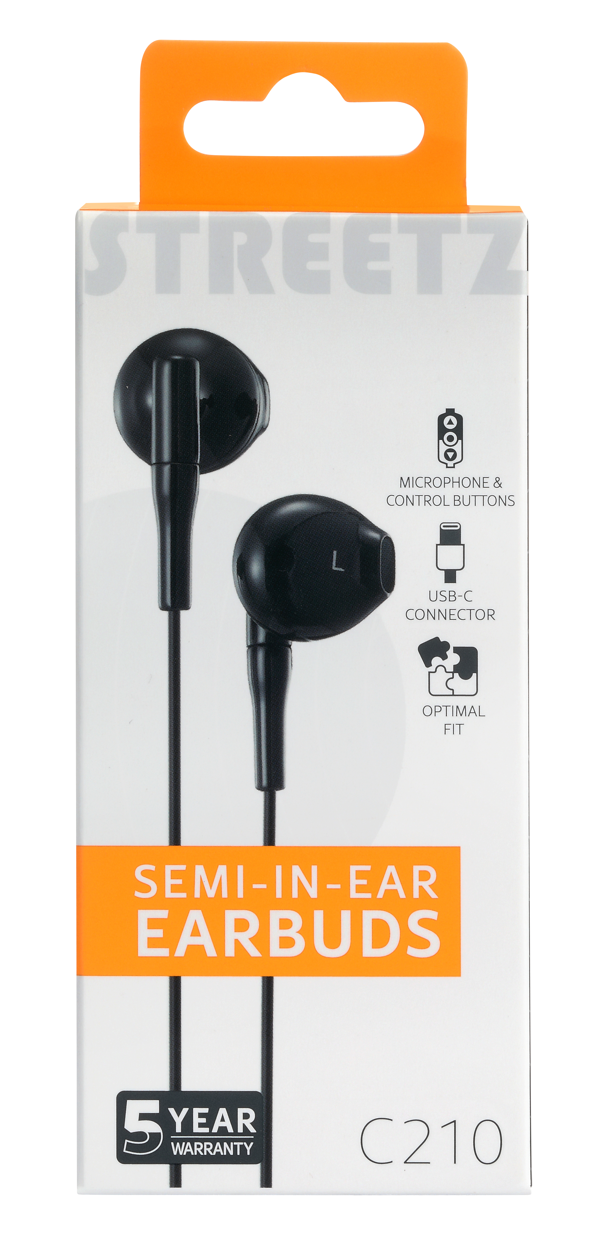 Una scatola di auricolari semi-in-ear neri. La scatola è bianca con dettagli arancioni e presenta i dettagli del prodotto.