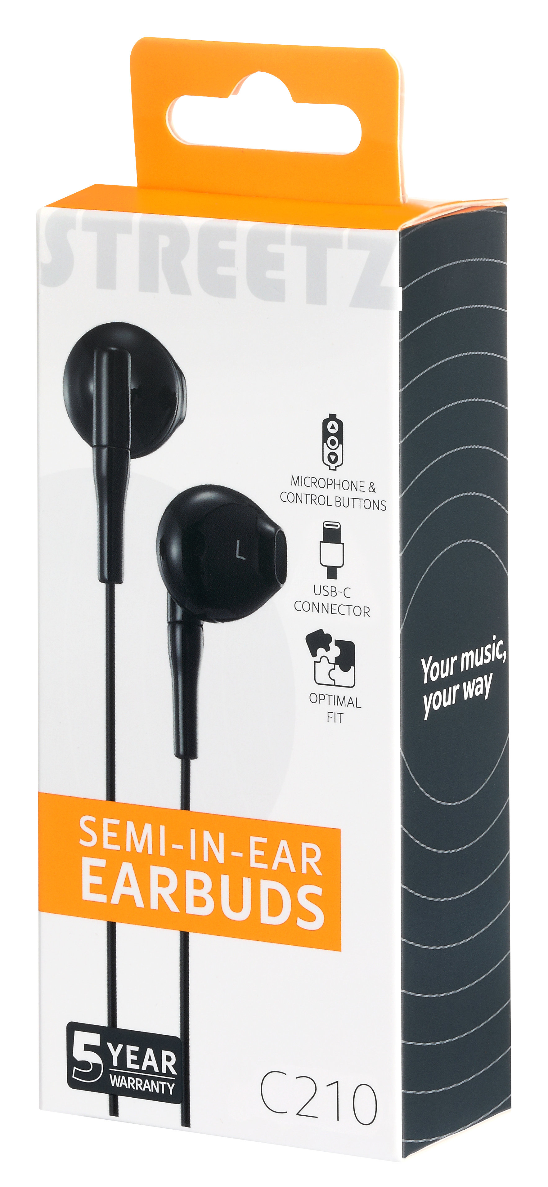 Scatola di auricolari con auricolari neri. La scatola ha colori arancione e bianco. Il testo include 'SEMI-IN-EAR EARBUDS' e '5 YEAR WARRANTY'.
