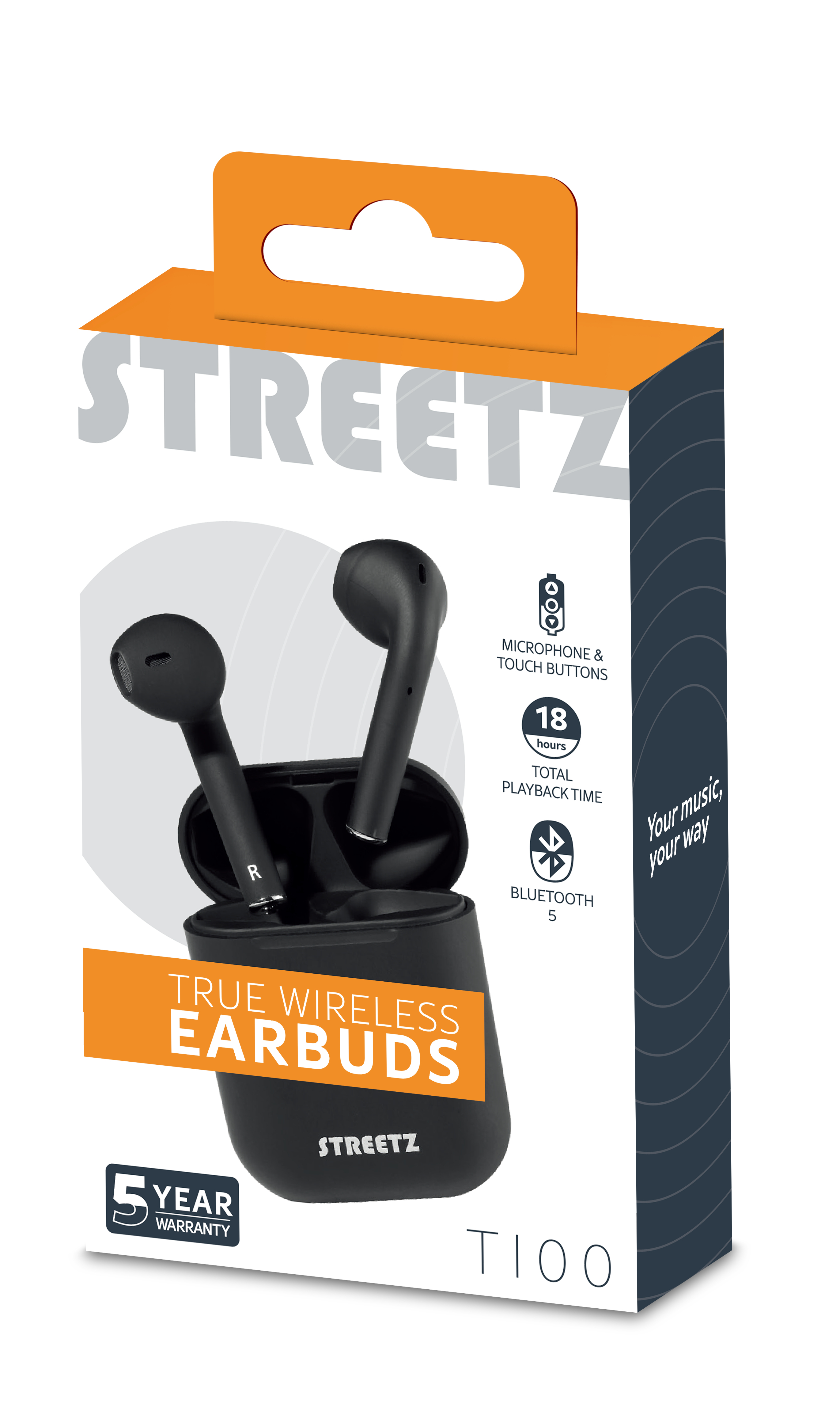 Una scatola di auricolari Streetz T100. Auricolari neri con custodia di ricarica. Scatola arancione e bianca con testo e icone.