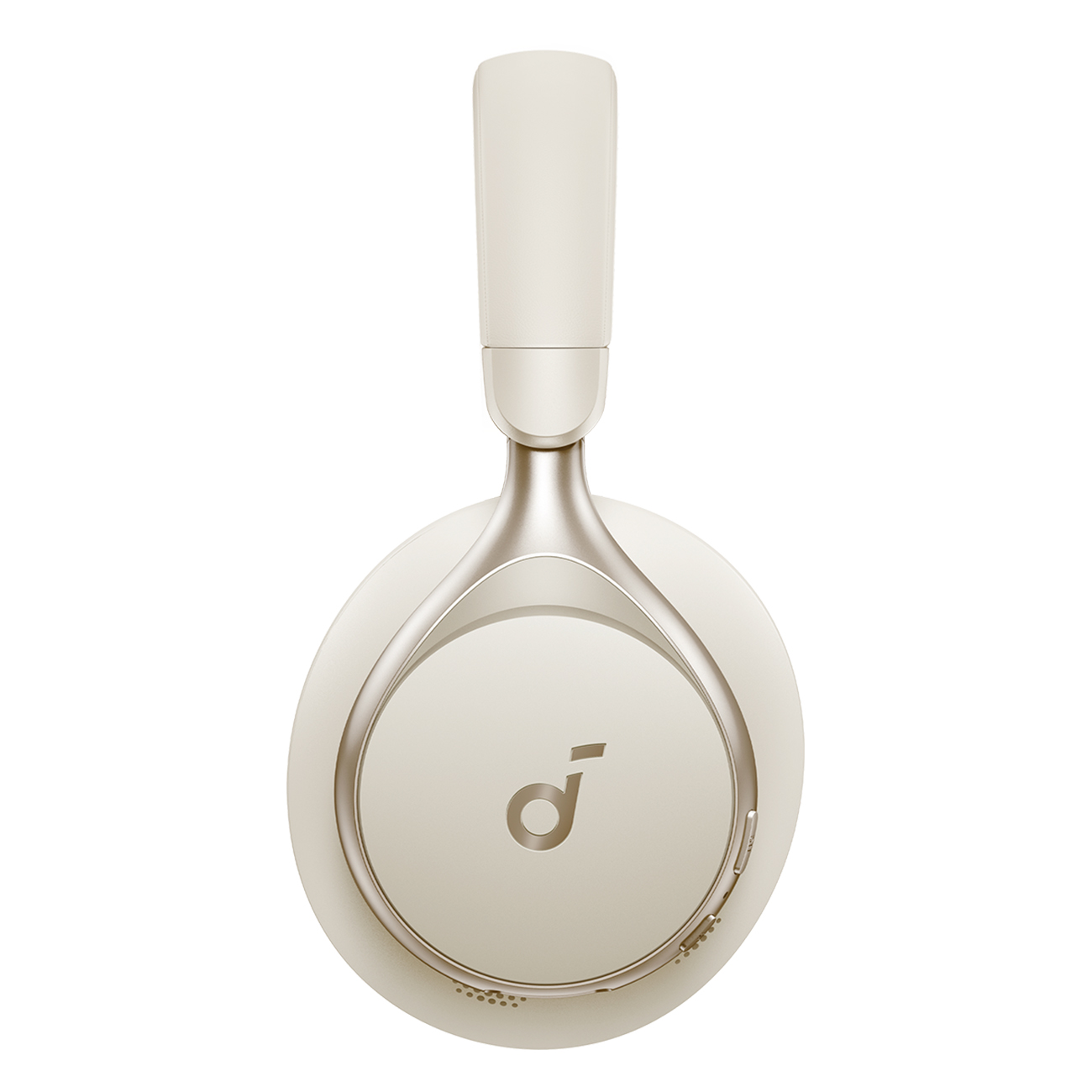 Kremowe słuchawki ze złotymi akcentami, pokazujące nauszniki i pałąk. Widoczne logo marki.