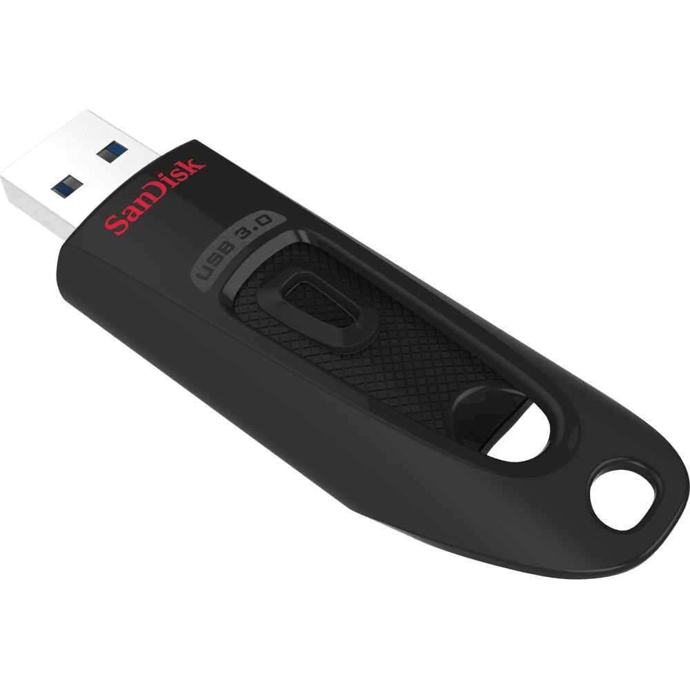 Czarny pendrive USB 3.0 SanDisk z białym złączem. Logo SanDisk jest czerwone. Dysk jest na białym tle.
