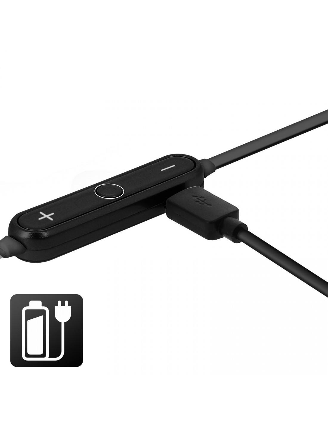 Contrôle du casque noir avec boutons et connecteur USB. Icône de batterie et de prise dans le coin. Fond blanc.