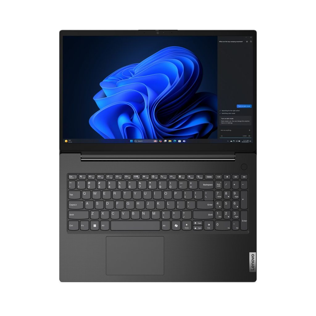 Una laptop Lenovo está abierta, mostrando una imagen abstracta azul en la pantalla. El teclado es visible, con el logotipo de Lenovo abajo.