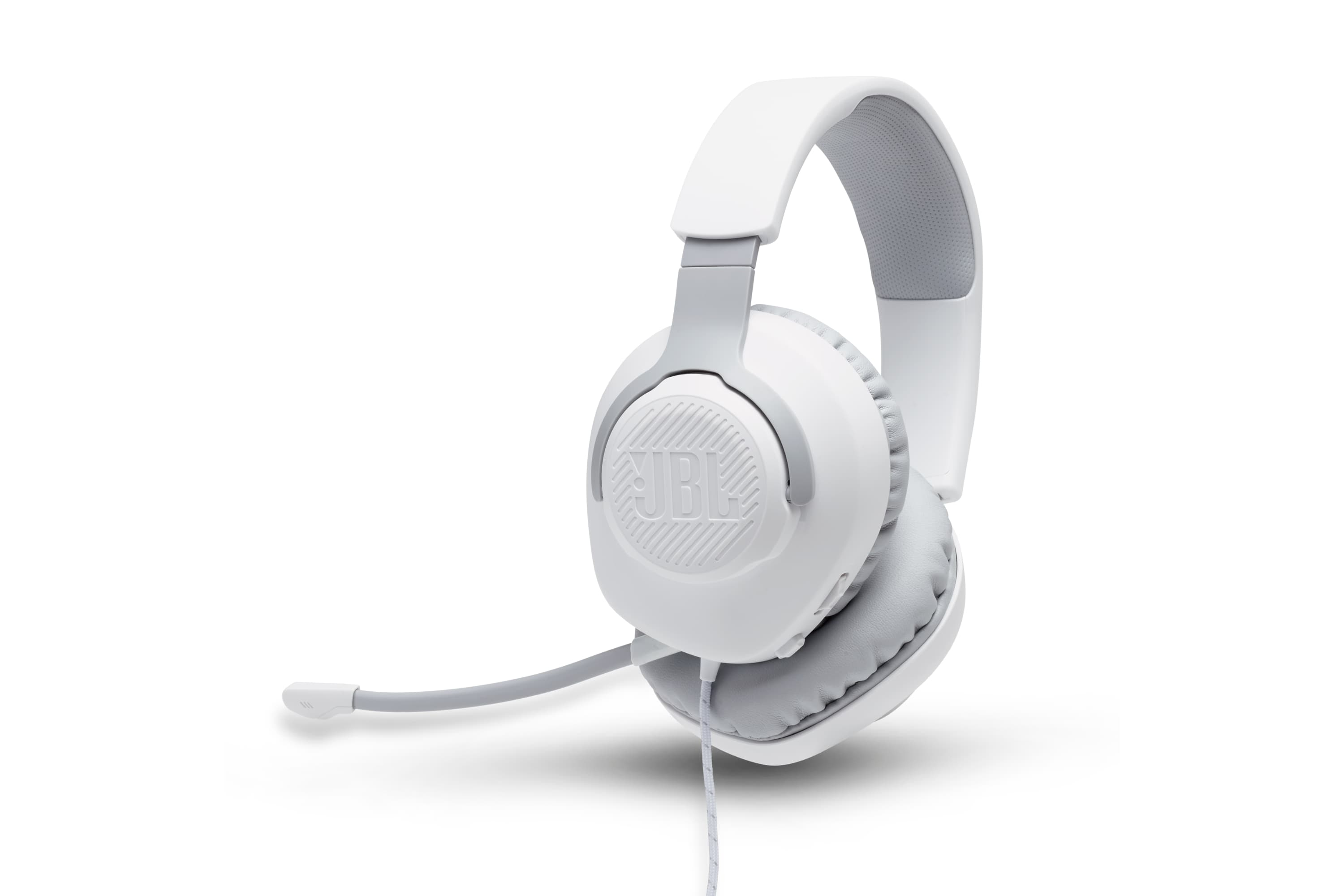 Auriculares JBL blancos y grises con micrófono. El fondo es blanco.
