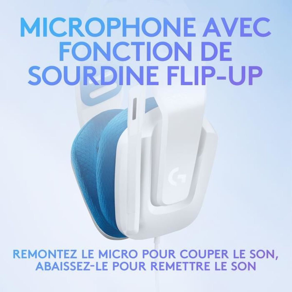 White headset with blue cushions and microphone. Text indicates flip-up mute function, raising mutes, lowering unmutes the sound.