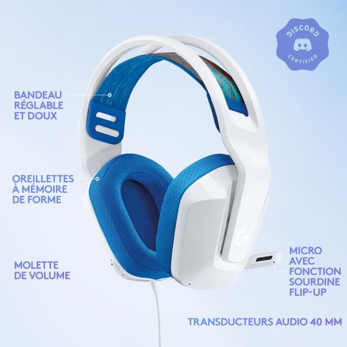 White and blue gaming headset with a microphone. Features include adjustable headband, memory foam earcups, and volume control.