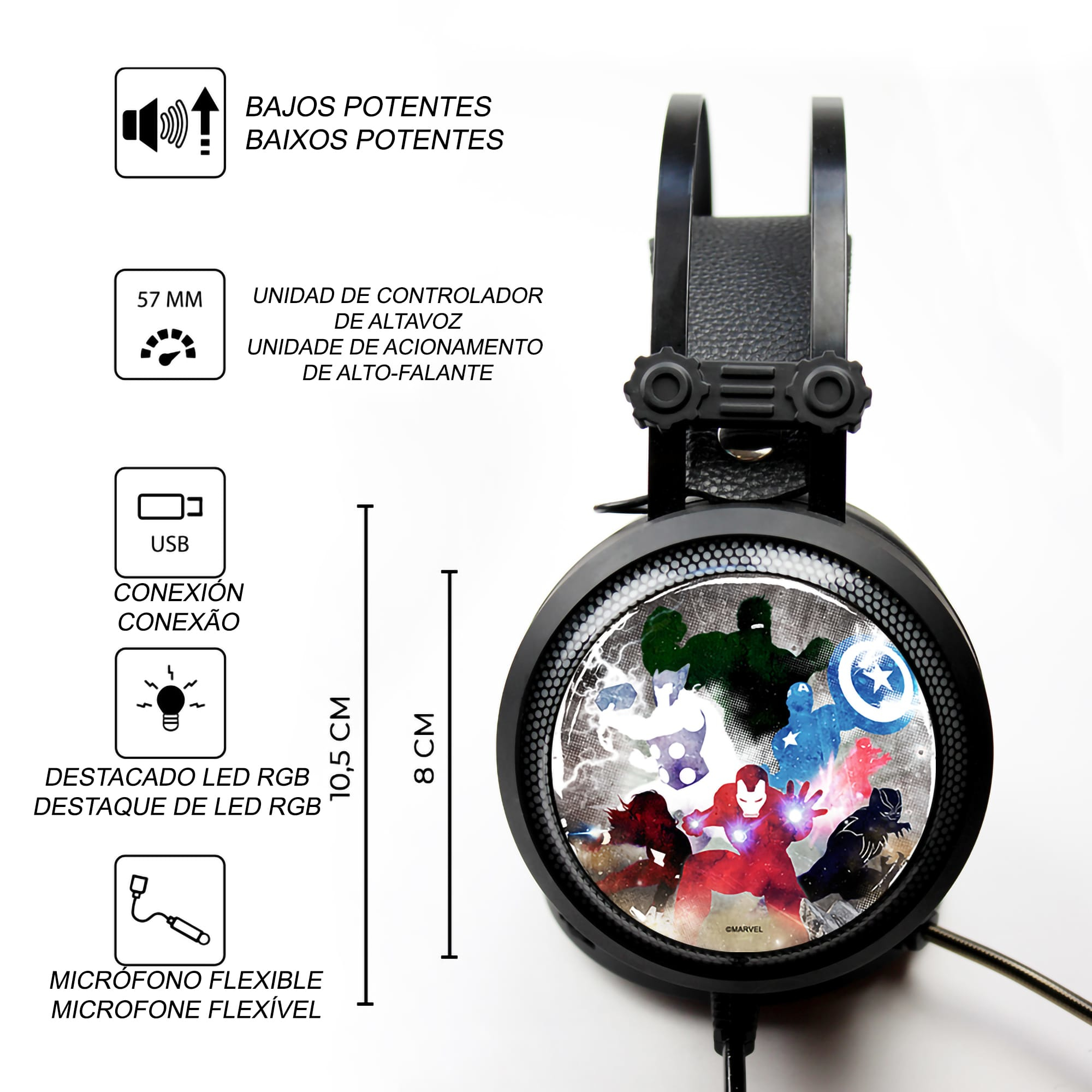Schwarze Kopfhörer mit Marvel-Charakteren auf den Ohrmuscheln, mit USB und Mikrofon. Text: 57 mm, 10,5 cm, 8 cm.
